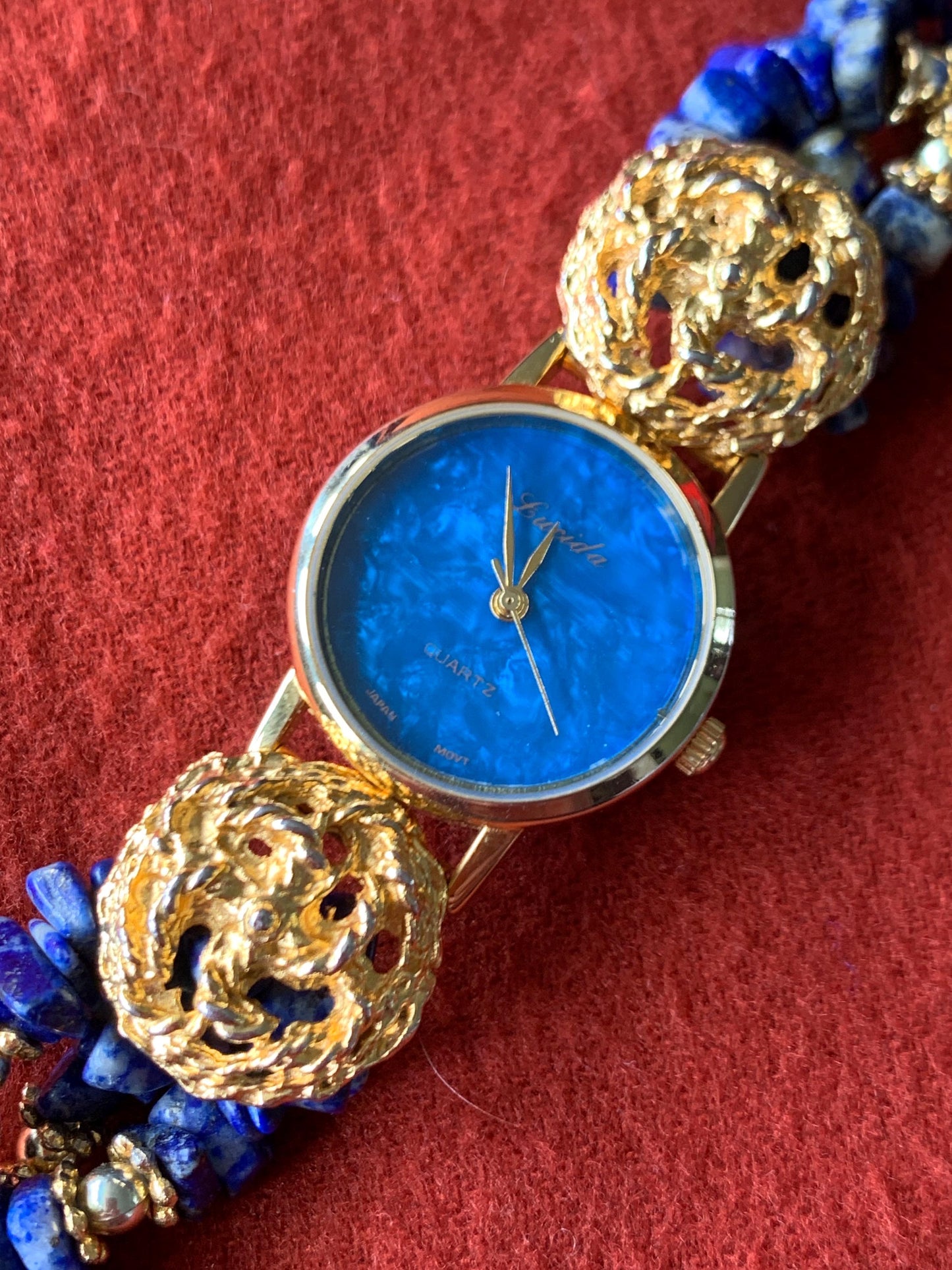 Ladies Cocktail Gemstone Bracelet Watch with Stone Dial. Lapis Lazuli Stone Bracelet with Lucida Stone Dial Watch, New Batt, 1990s Unique