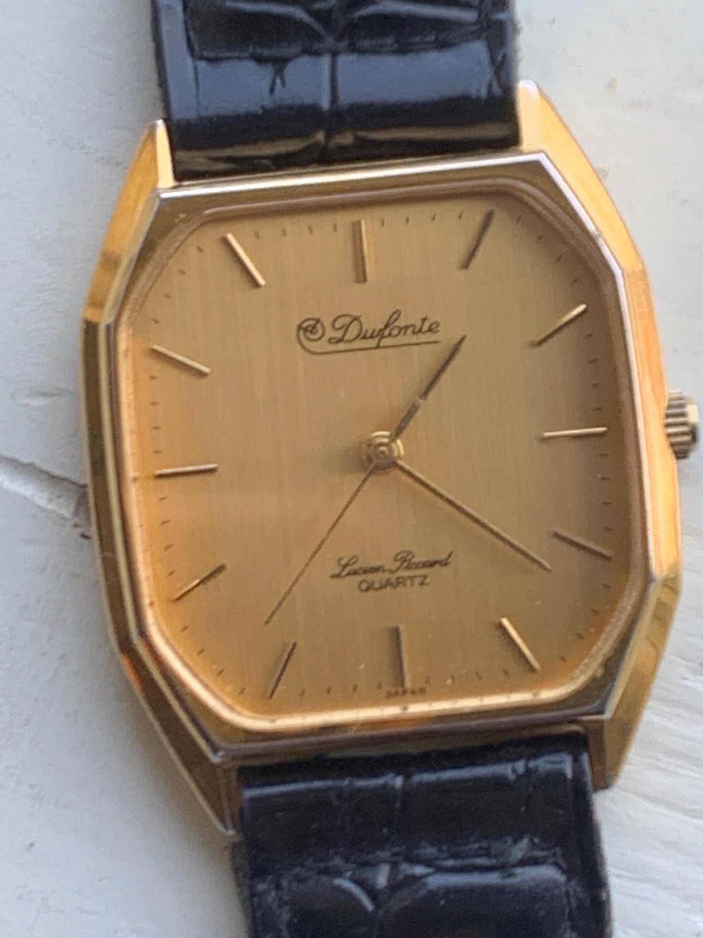 Elegant Dufonte by Lucien Piccard Tank Watch: Goldtone Quartz with Brushed Golden Dial. 1980s/90s Fancy Dress Watch, NOS vintage black strap