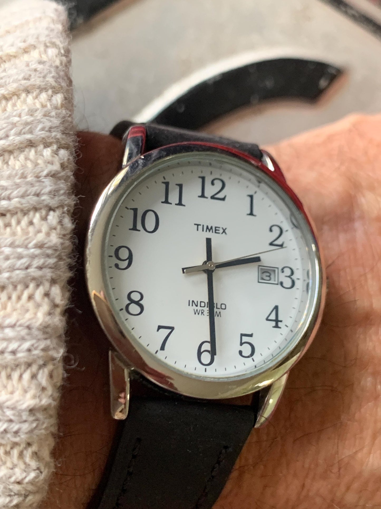 Classic Timex Black & White Quartz Watch. Early 2000s Indiglo with New Battery and New Quick-Release Classic Black Supple Leather Strap.