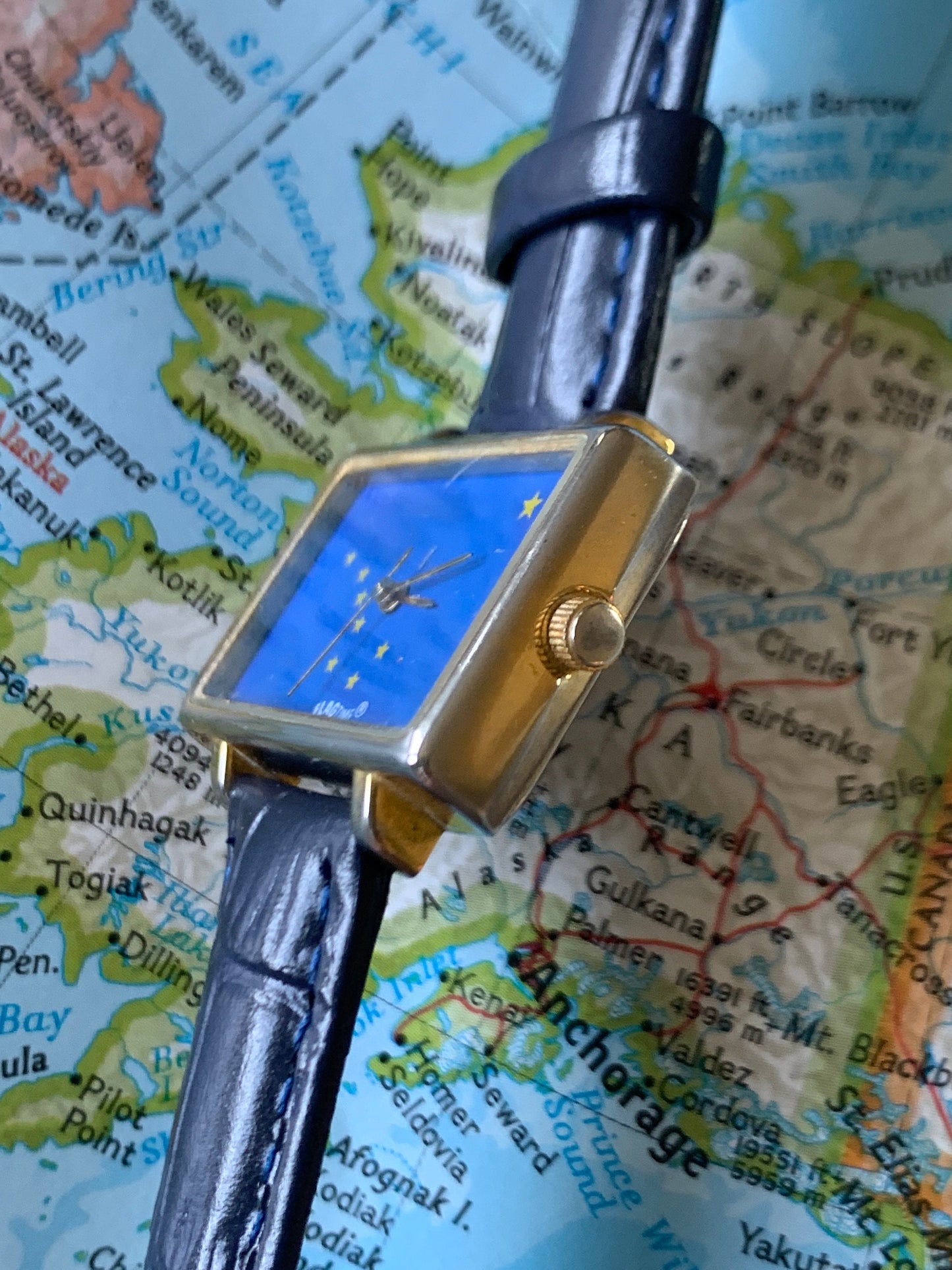 1980s Alaska Flag Watch from Flagtime Watch Co. - Rectangular Blue Dial Quartz watch with Big Dipper and North Star Flag. New Blue Strap.