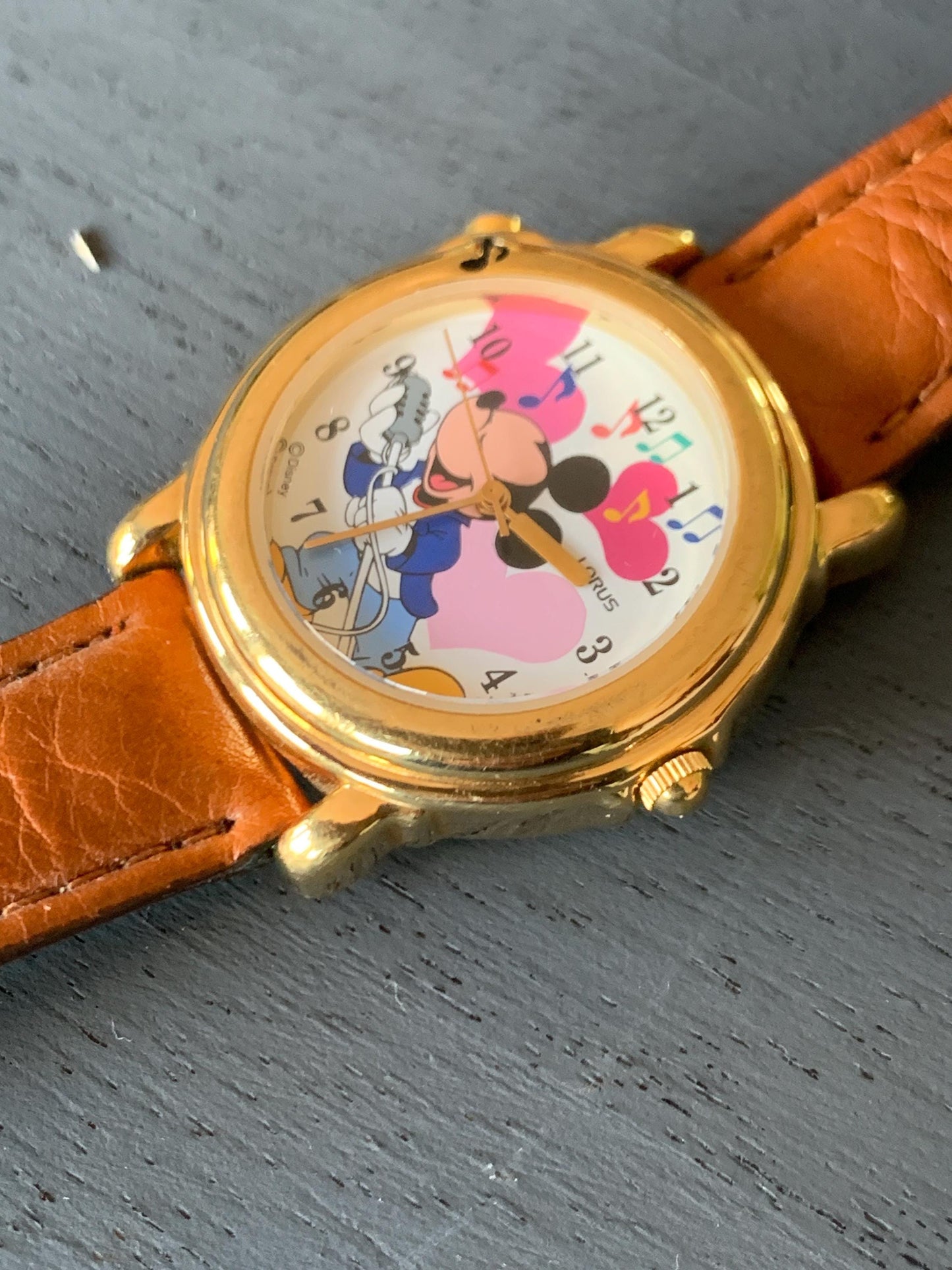 Vintage 1990s Disney Mickey Mouse Musical Watch from Lorus by Seiko) RARE Collectible Wristwatch. Very good condition, new battery. 31mm