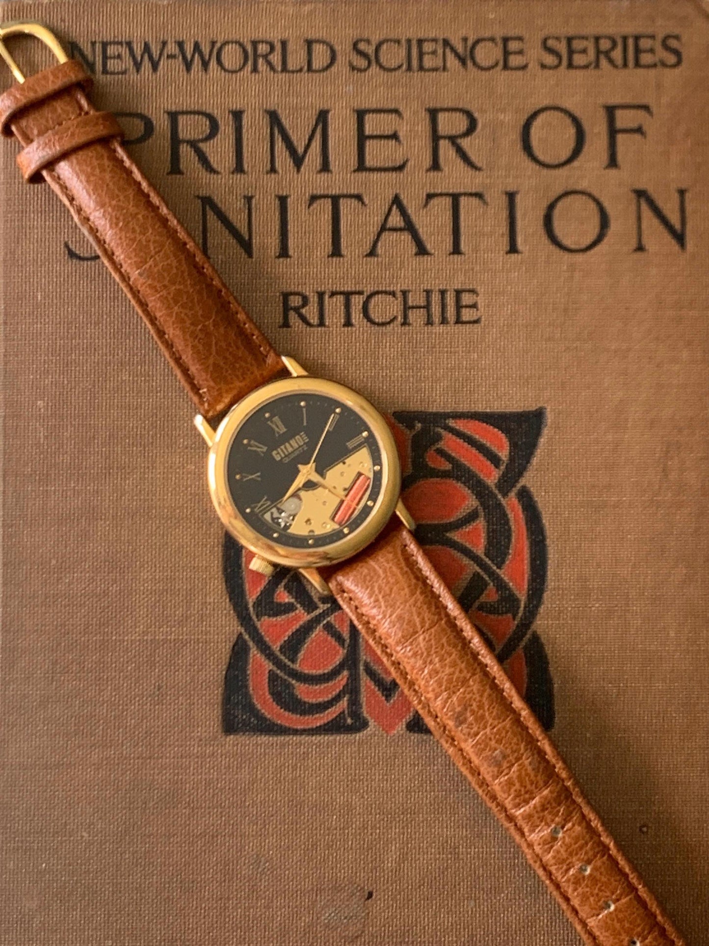 1990s Gitano Skeleton Quartz Watch: Black Roman Numeral Dial, 34mm