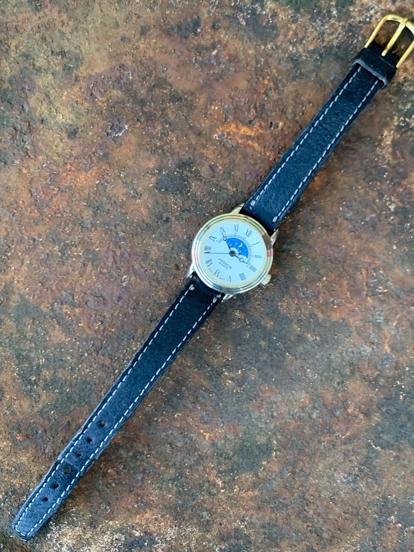 Jordache Moon Motif Watch - Women's FIXED Moon Motif Dial Design: New battery, vintage leather strap. Roman Dial, Good Condition.