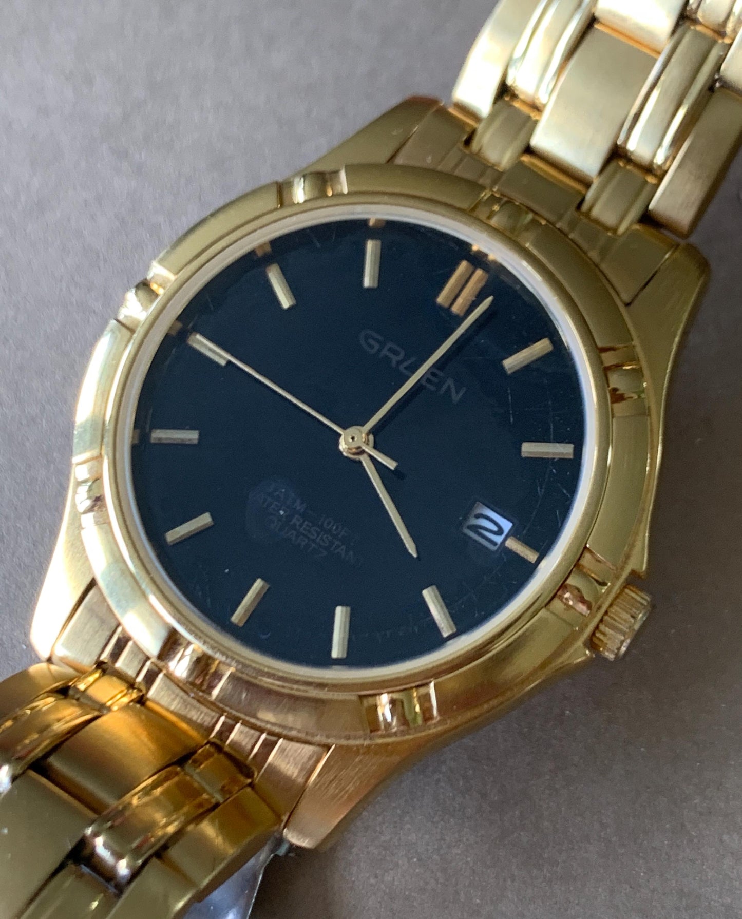 NOS 1990s Gruen Gold Tone Watch with Black Dial & Cufflinks