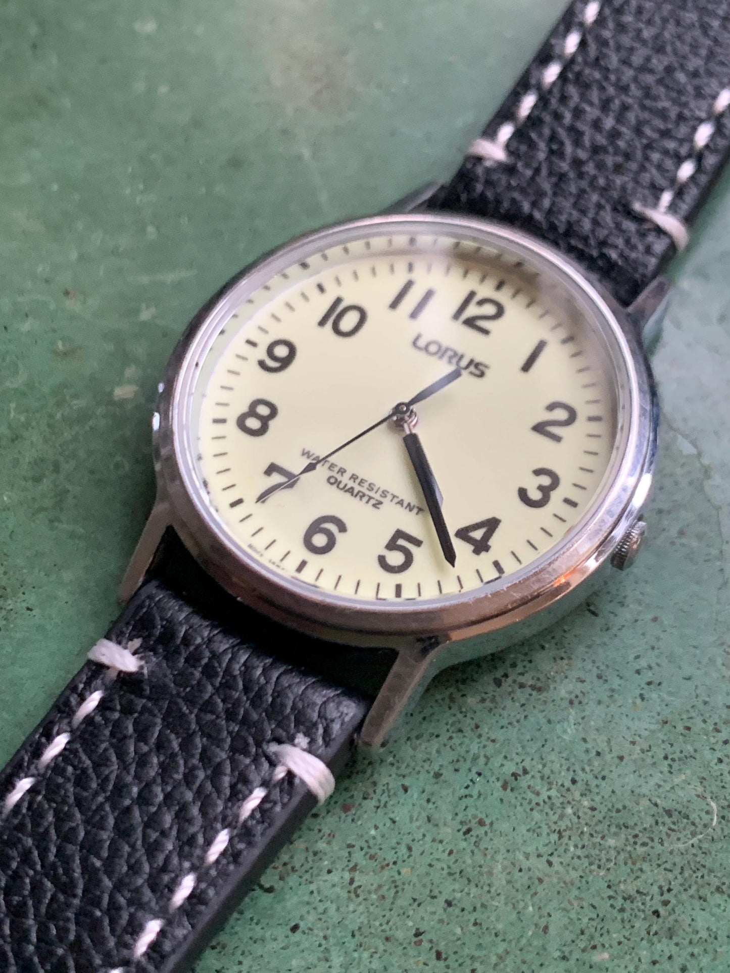 Glow in the Dark Lorus by Seiko Quartz Watch - Silver Tone, Glow in Dark Dial with new black leather Band, New Battery, 1990s, 35mm