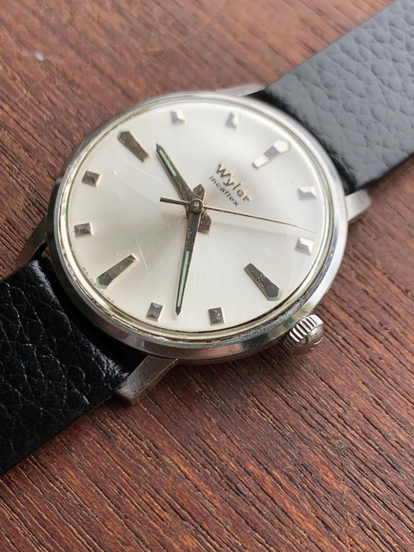 Mid-1960s Wyler Winder Watch - Swiss Made Silver Radiant Dial with New Vintage Style Calf Leather Black Strap. Incaflex. Works. MSM Style!