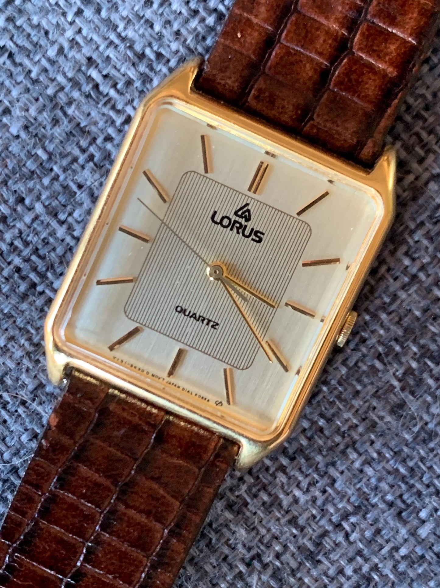 Lorus by Seiko Quartz Tank Watch - Gold Tone, with vintage brown leather Band, New Battery, Accurate, Mid-1980s. Neo Vintage Slim Tank Watch