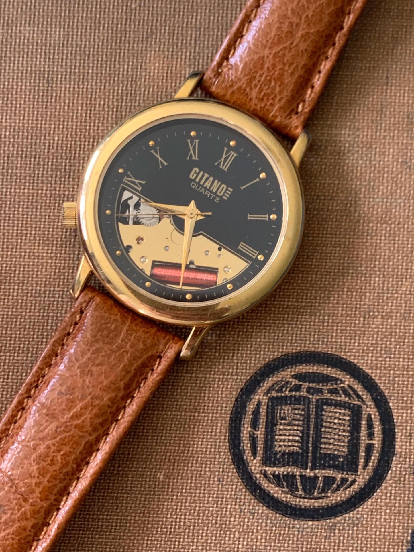 1990s Gitano Skeleton Quartz Watch: Black Roman Numeral Dial, 34mm