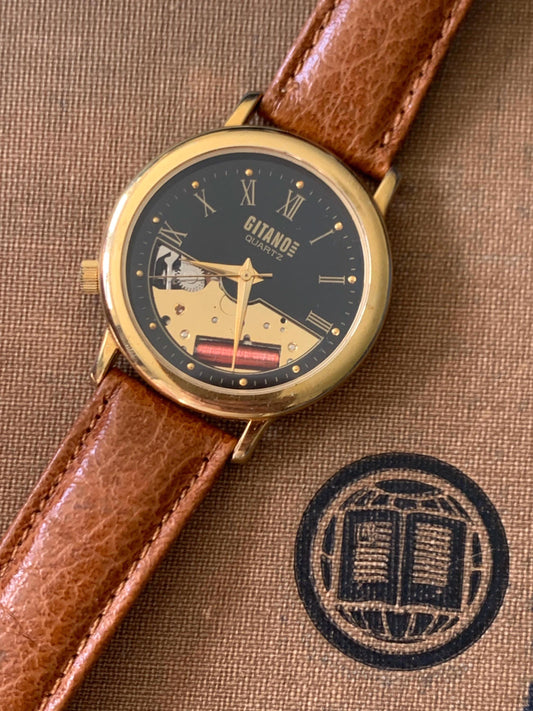 1990s Gitano Skeleton Quartz Watch: Black Roman Numeral Dial, 34mm