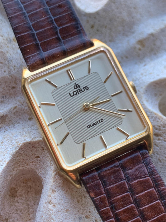 Lorus by Seiko Quartz Tank Watch - Gold Tone, with vintage brown leather Band, New Battery, Accurate, Mid-1980s. Neo Vintage Slim Tank Watch