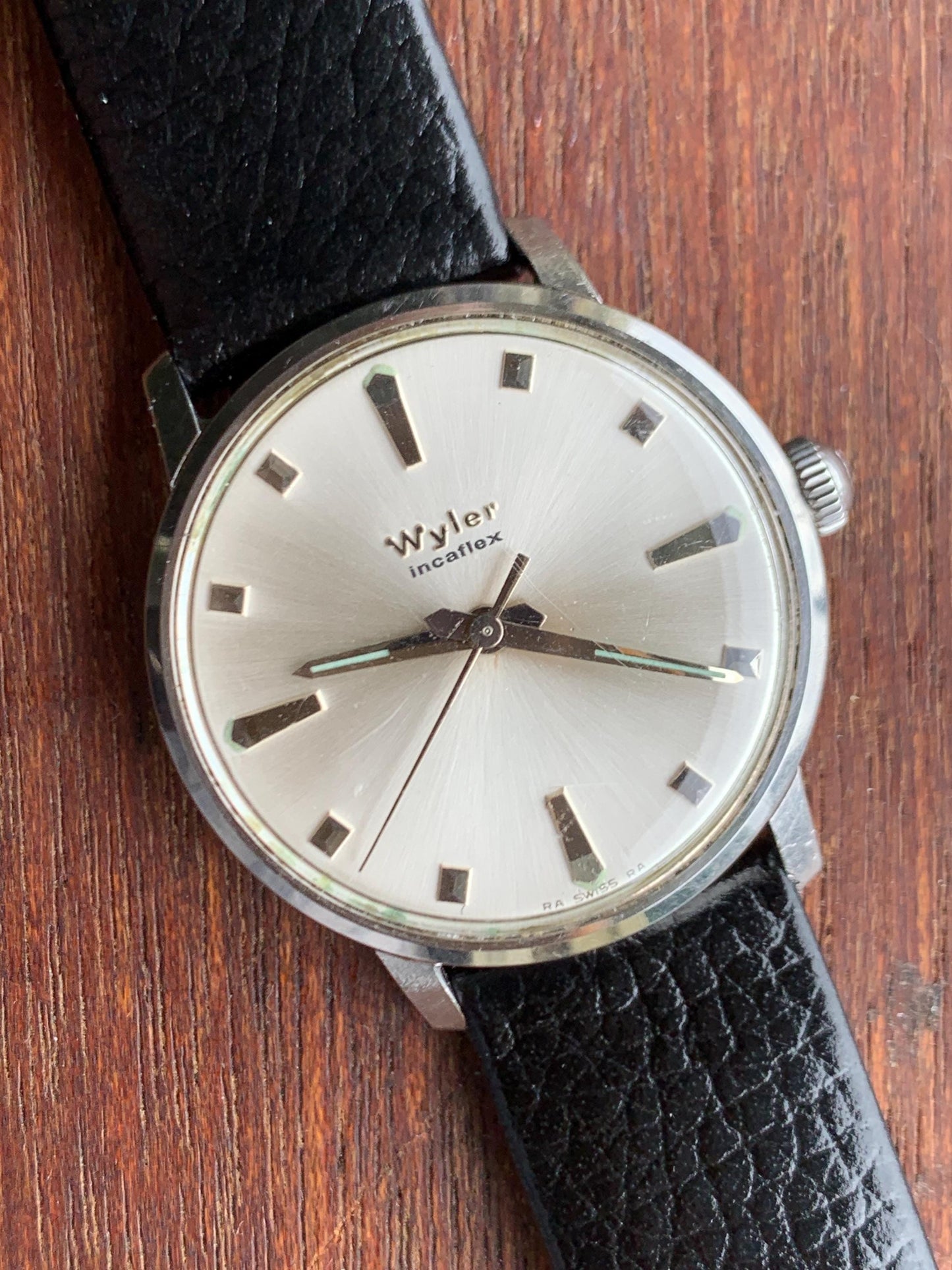 Mid-1960s Wyler Winder Watch - Swiss Made Silver Radiant Dial with New Vintage Style Calf Leather Black Strap. Incaflex. Works. MSM Style!