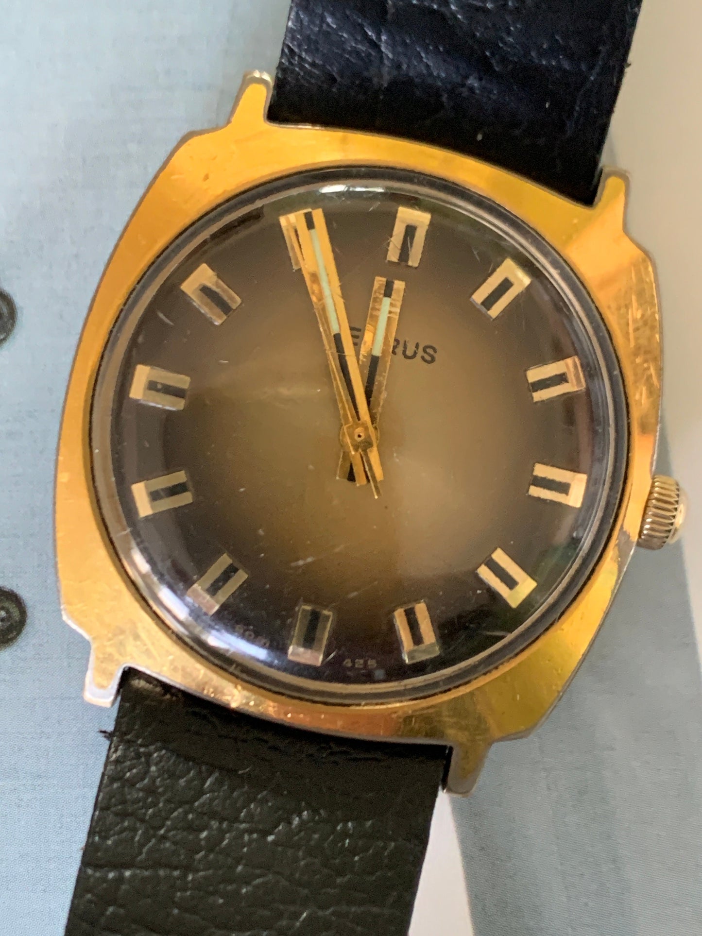 Stunning 1970's Style - Square Benrus Winder with Radiant Dial, Bold Unique Hands and Indices, Vintage Gently Worn Leather Strap. Bold.