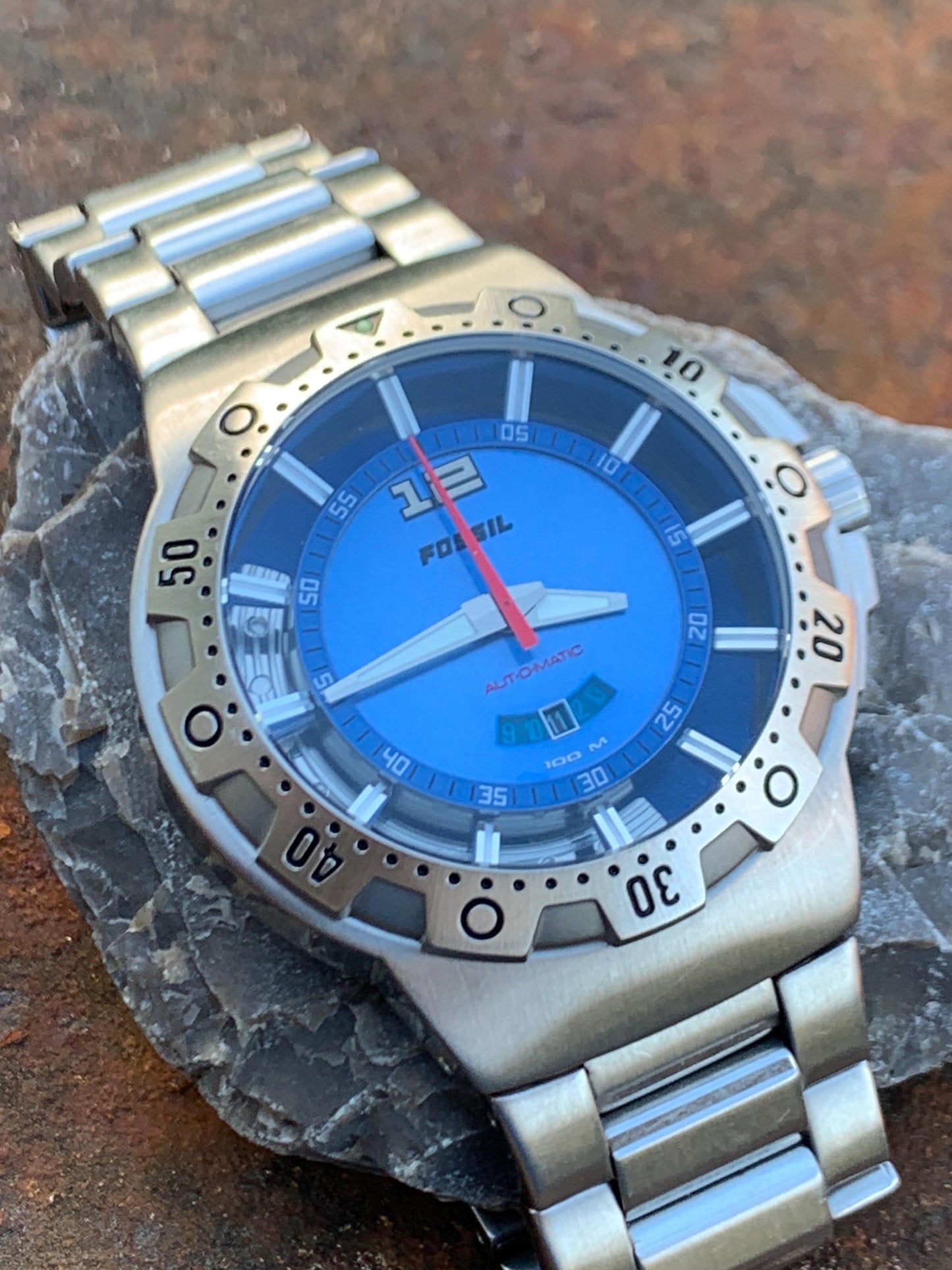 Fossil Blue Automatic 'Poseidon' Watch AM-4028 - Blue Dial, Diver Style w/ Rotating Bezel, Excellent Cond, 42mm.