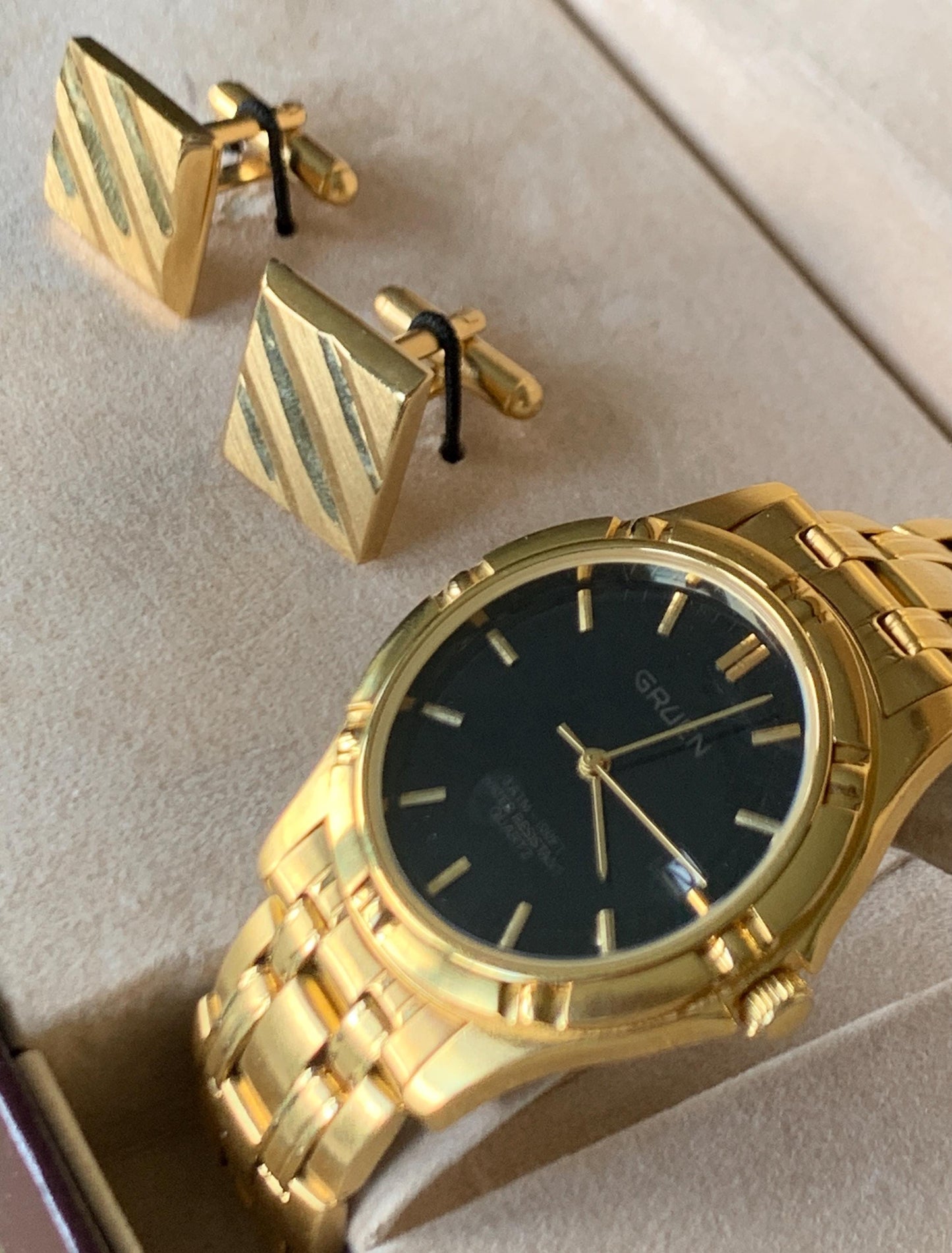 NOS 1990s Gruen Gold Tone Watch with Black Dial & Cufflinks
