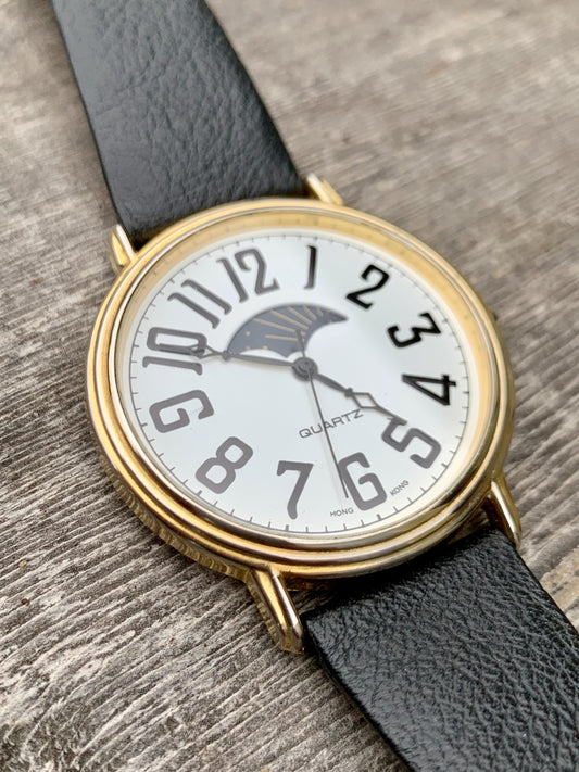 Excellent Large 90s Sun Moon Watch - 44mm Three-Hand 'Moonphase' with Original Leather Band Sun Moon Day Night Watch. Excellent Condition.