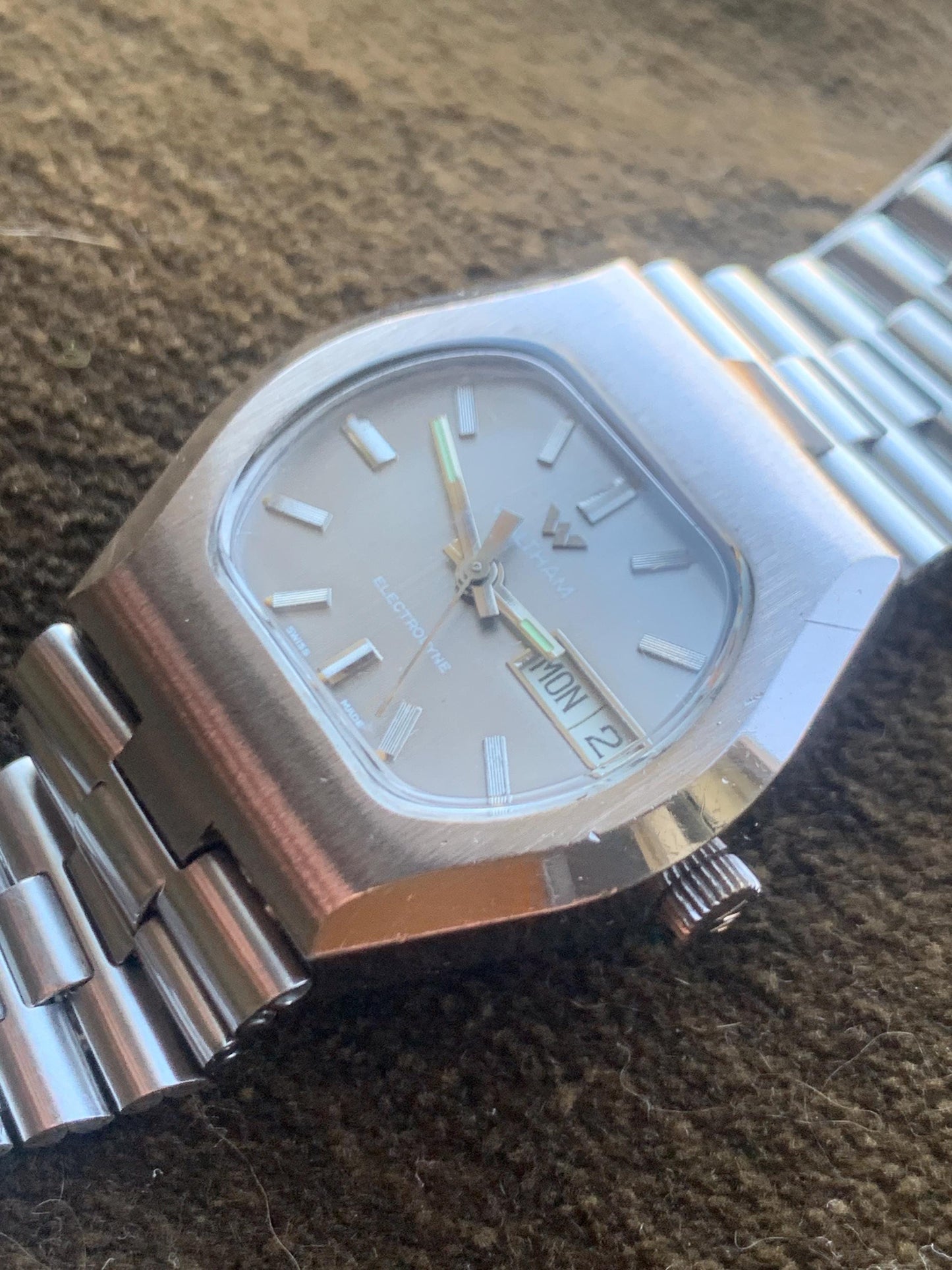 1970s Cool Waltham Electrodyne. TV Style Bezel  and Dial. Silver Tone, Day & Date. Original Bracelet! Heavy, Bold Design. Immaculate.