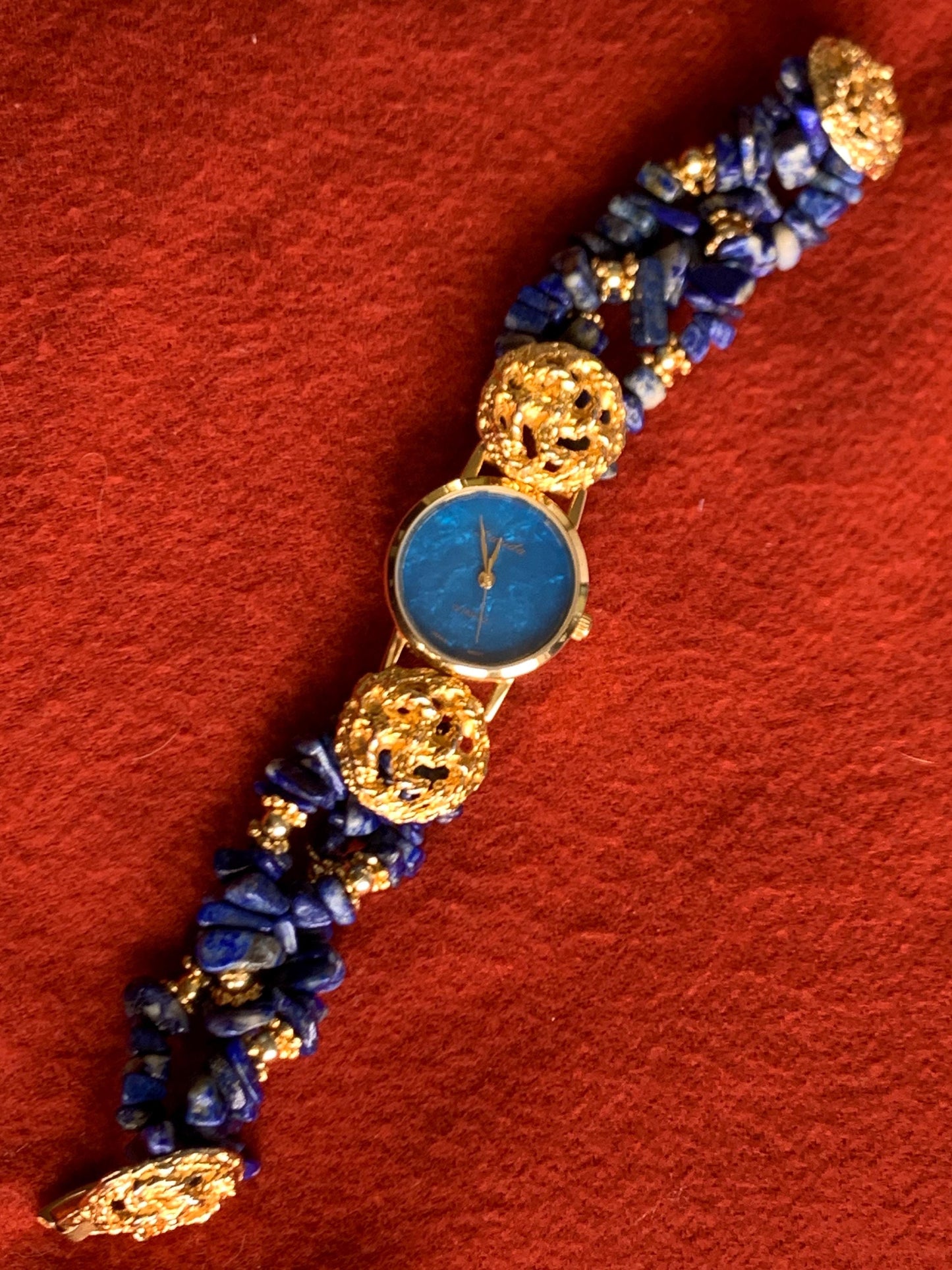 Ladies Cocktail Gemstone Bracelet Watch with Stone Dial. Lapis Lazuli Stone Bracelet with Lucida Stone Dial Watch, New Batt, 1990s Unique