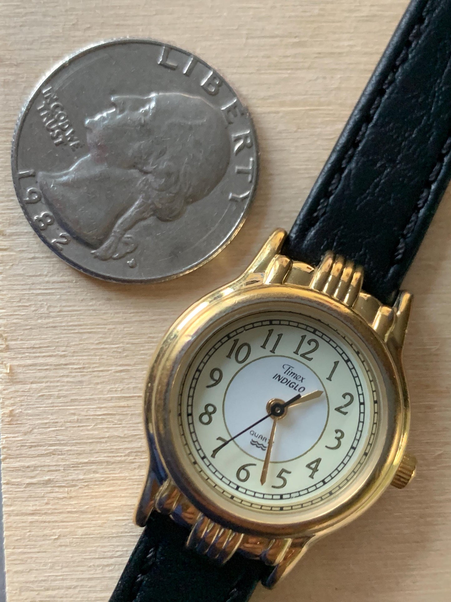 Elegant Timex Indiglo Women's Watch - 1998 Classic Two Tone Dial w/Decorative Gold Tone Fancy Lugs and Bezel. Very Good Condition.