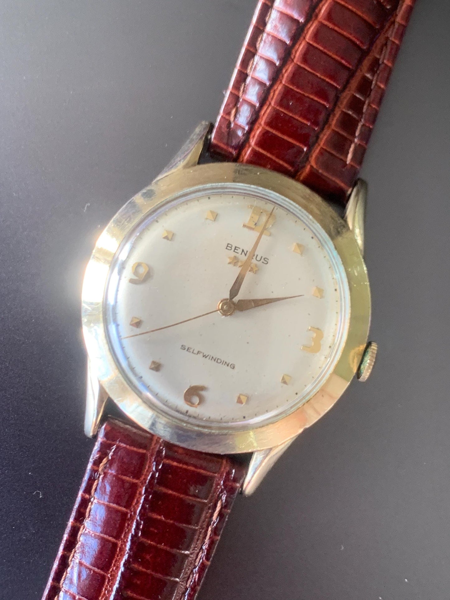 Gold Filled Benrus Three Star Self-winding Automatic Watch. 10K Gold Filled. Good working condition. Nice retro numbers, New Leather Strap.