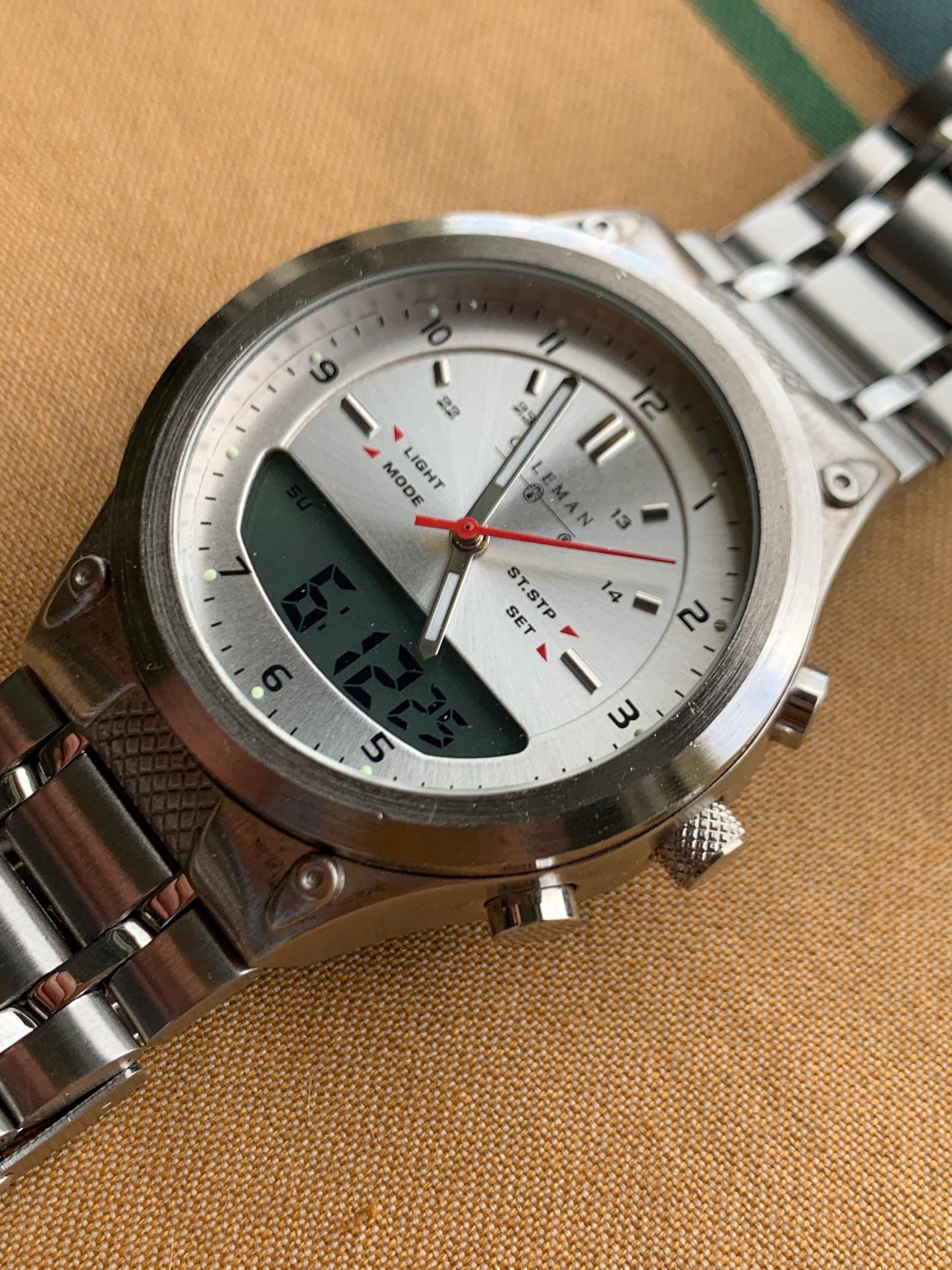 Let's Go Camping! Coleman Watch - Ani Digi, Retro, Heavy, 40mm, Thick, Red Sweep, Radiant Silver Dial, Works Well, Tested. New Battery.