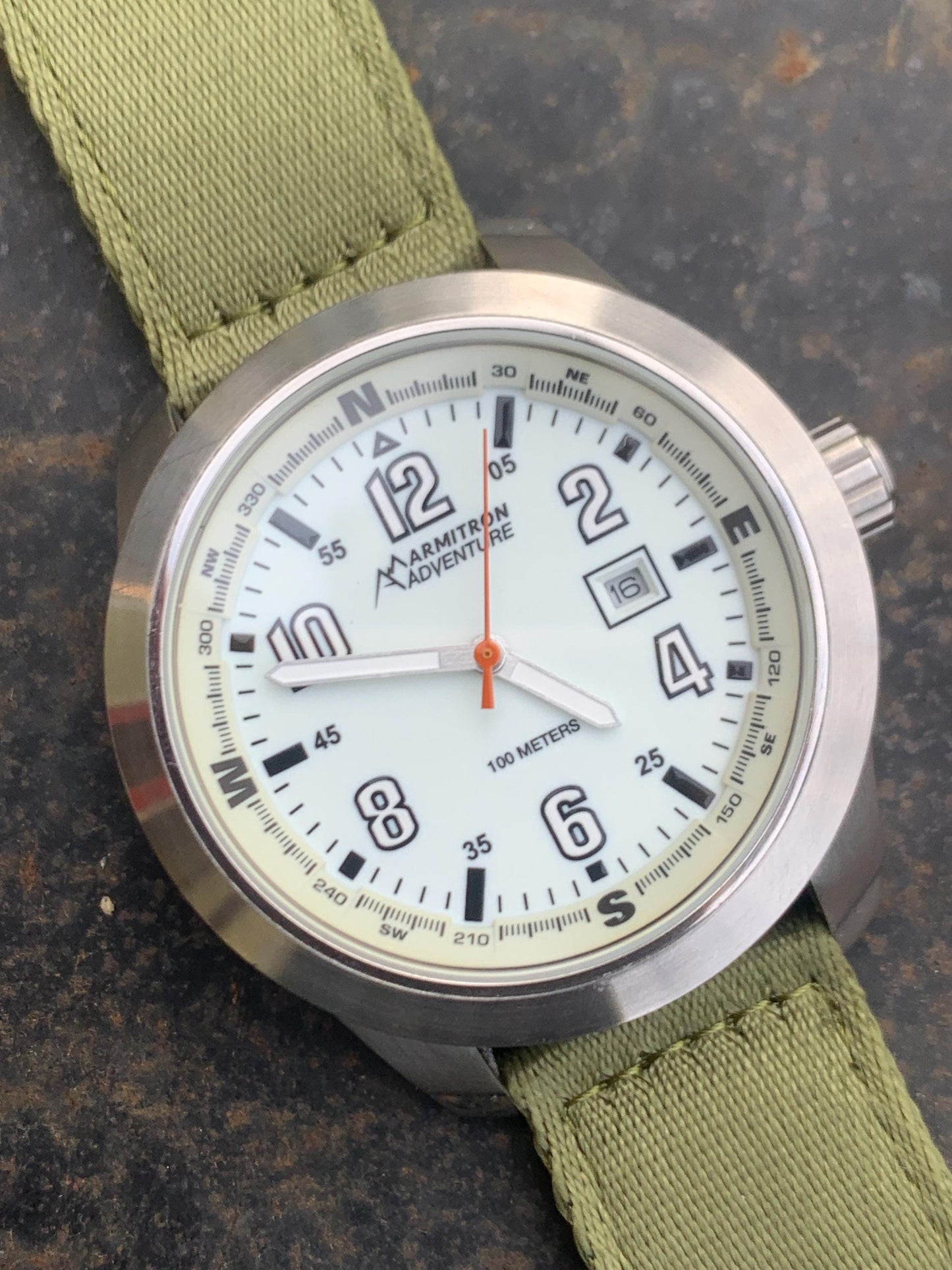 HUGE Armitron Adventure Watch - Brushed Metal, White Glowing Night Dial, 46mm! Date, Works Well, New Green Nylon Strap. New Batt. Outdoorsy