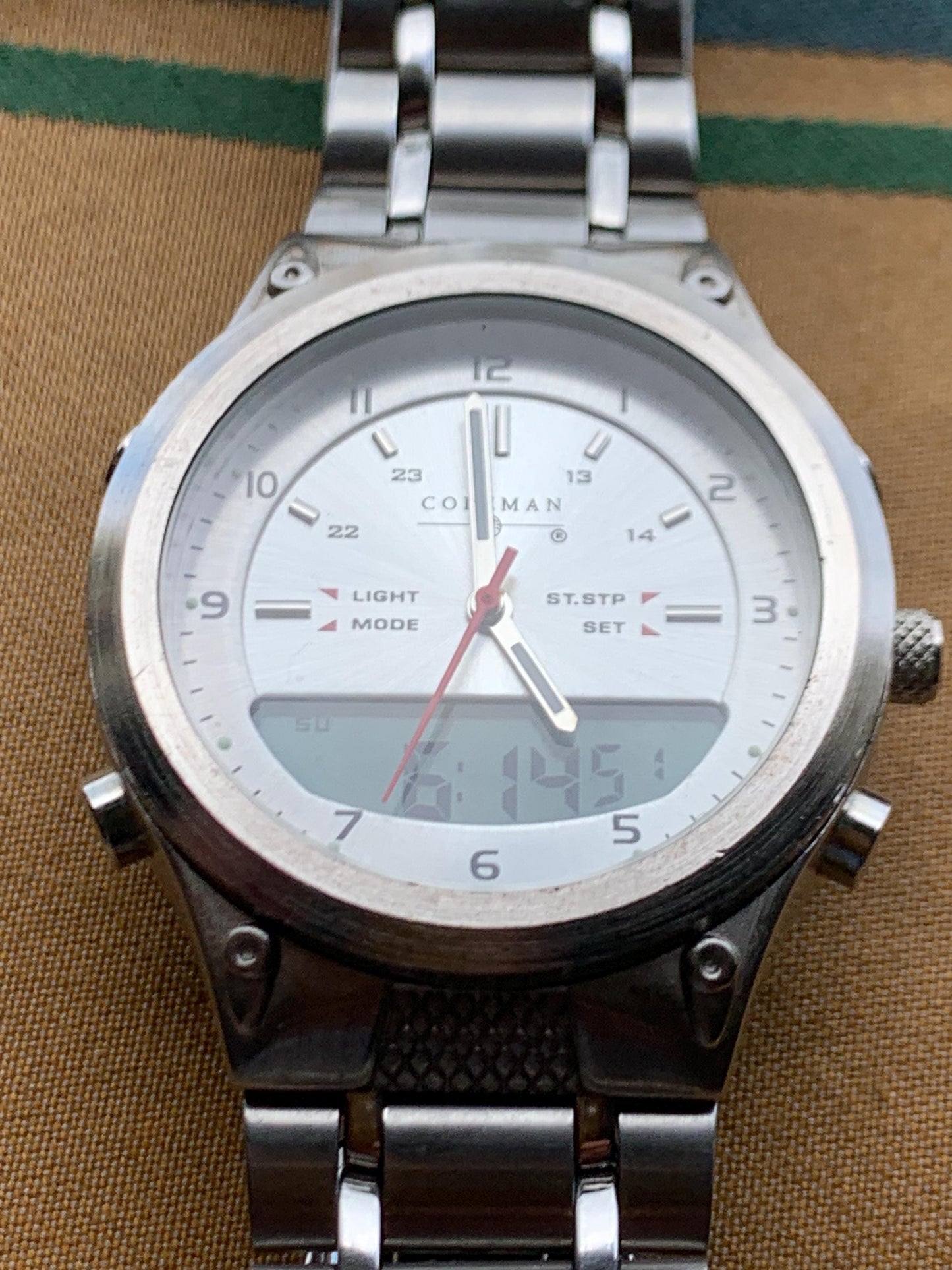 Let's Go Camping! Coleman Watch - Ani Digi, Retro, Heavy, 40mm, Thick, Red Sweep, Radiant Silver Dial, Works Well, Tested. New Battery.