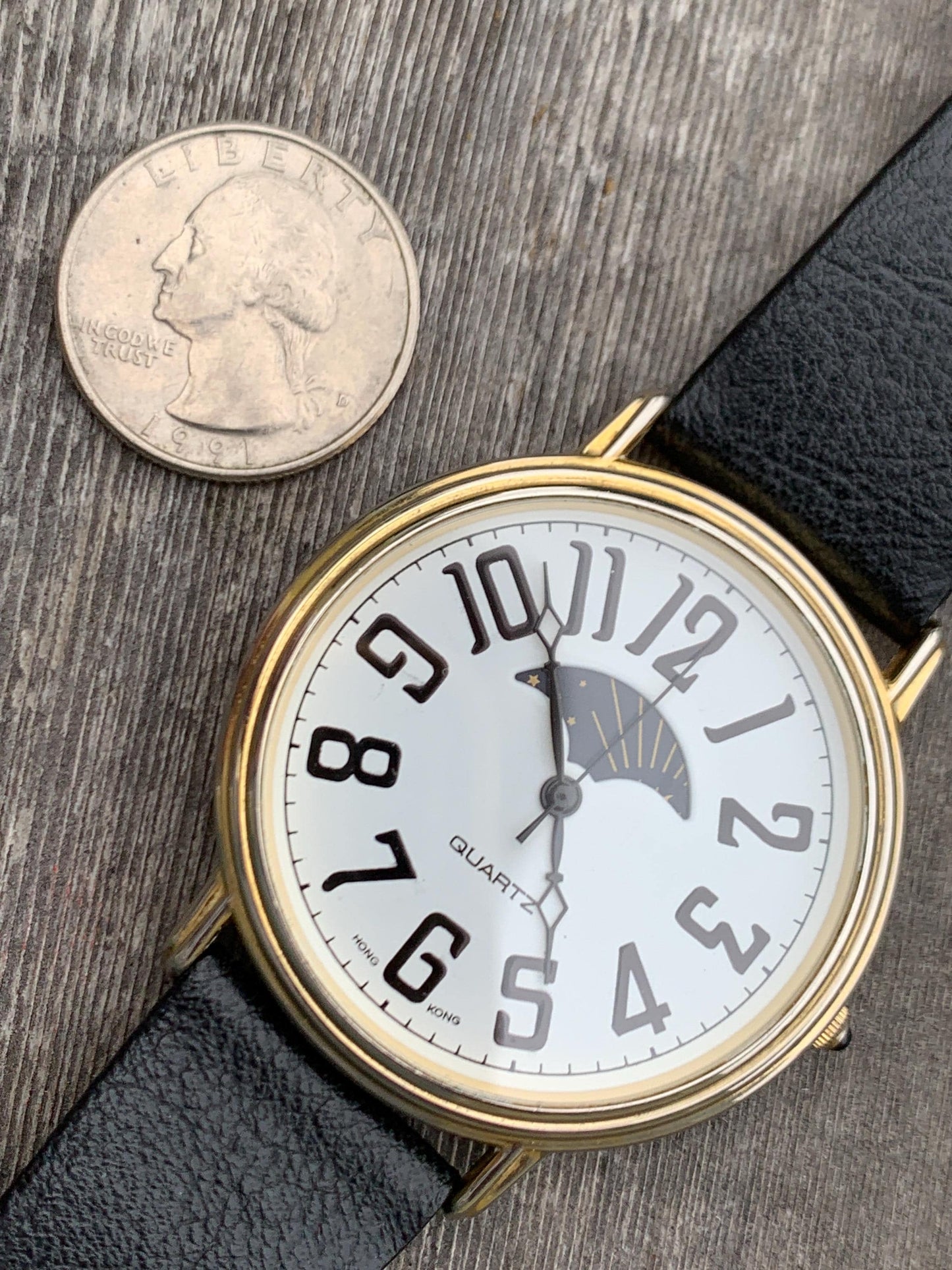 Excellent Large 90s Sun Moon Watch - 44mm Three-Hand 'Moonphase' with Original Leather Band Sun Moon Day Night Watch. Excellent Condition.