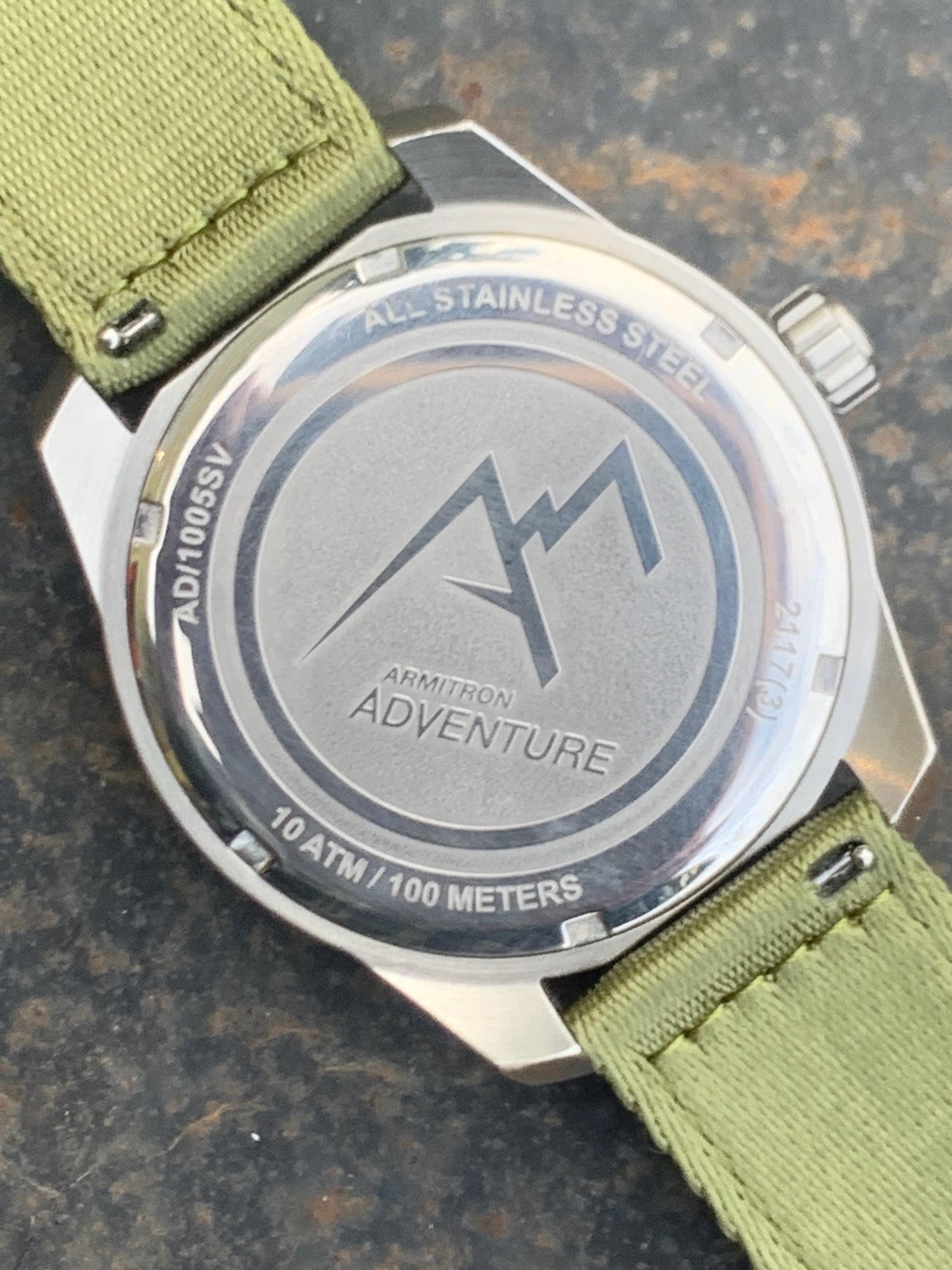HUGE Armitron Adventure Watch - Brushed Metal, White Glowing Night Dial, 46mm! Date, Works Well, New Green Nylon Strap. New Batt. Outdoorsy