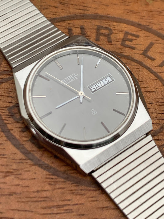 Mystery 1980s ROBEL Quartz Watch - Day Date Watch with Seiko/Tissot influence. Brushed Gray Dial, Stainless. Cool Analog 80s Korean Style!