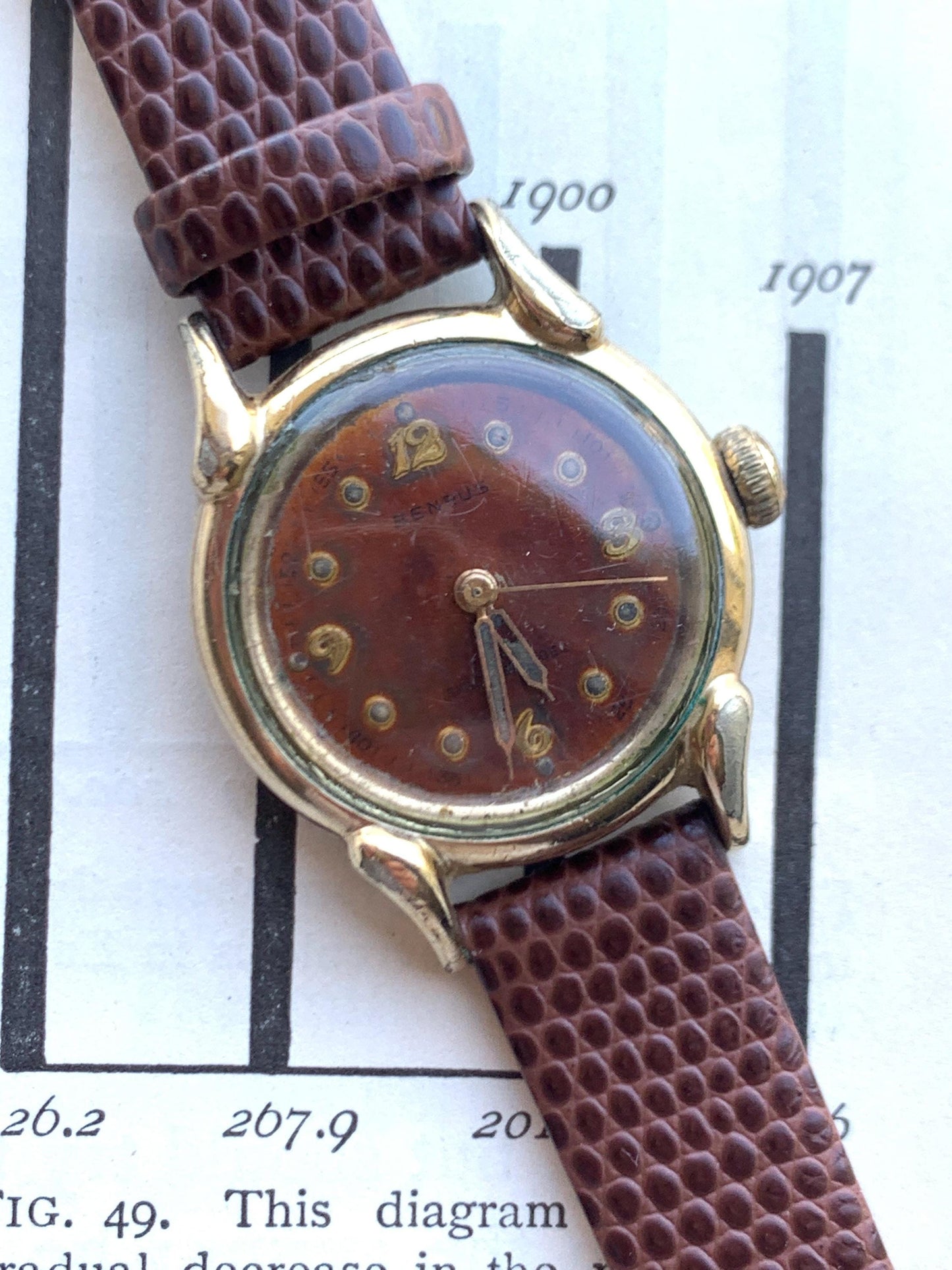 Tropical Dial Vintage 1940s Benrus Ladies Watch - 17 Jewels Swiss Movement 10k RGP Bezel, Fancy Lugs. Mechanical Winder, Runs Well. 26mm.
