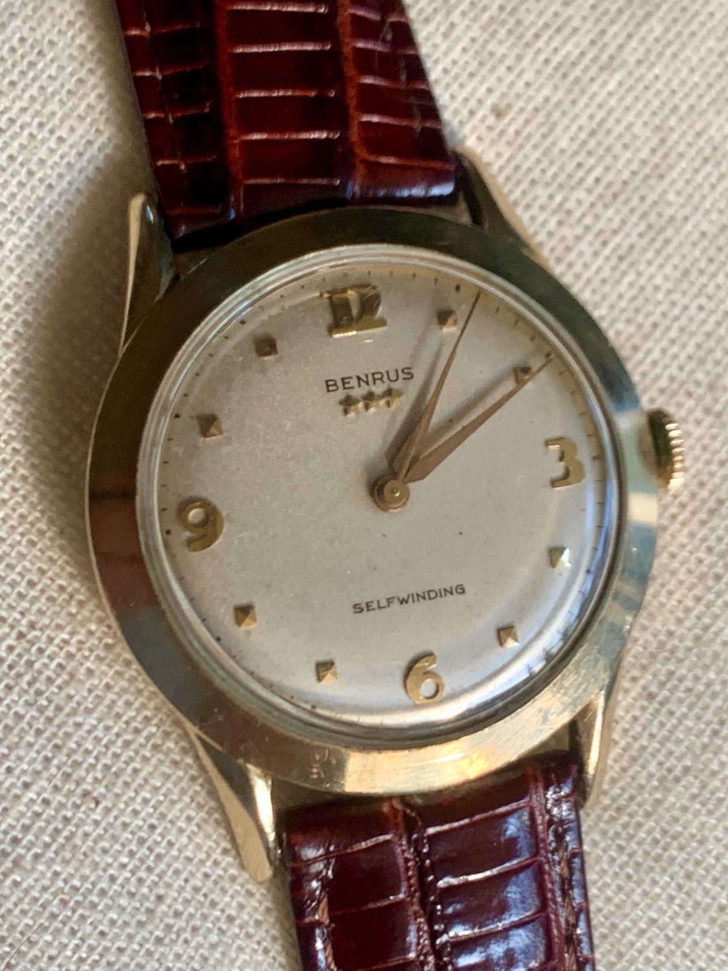 Gold Filled Benrus Three Star Self-winding Automatic Watch. 10K Gold Filled. Good working condition. Nice retro numbers, New Leather Strap.