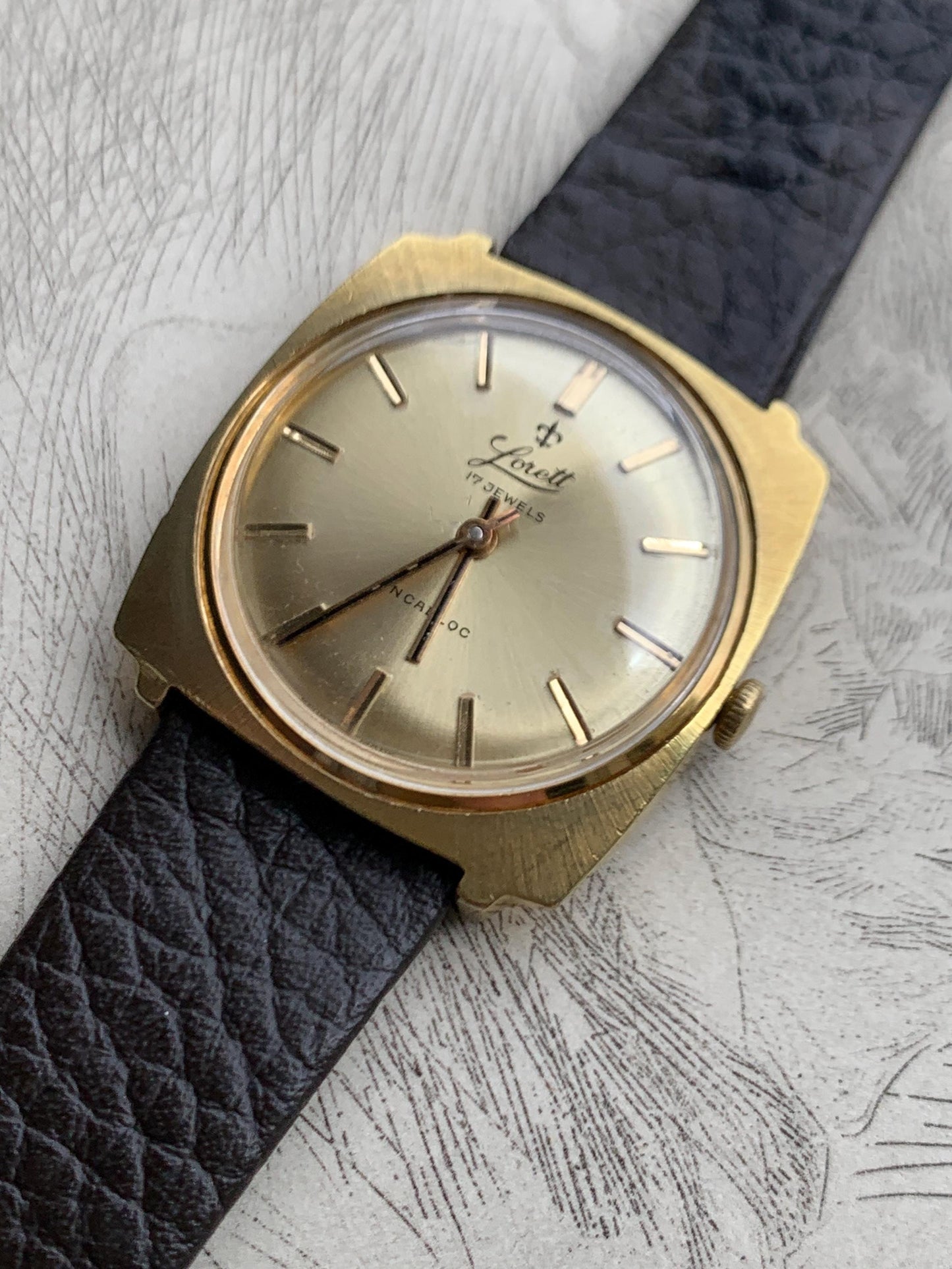 Early 70s Swiss Made Lorett Winder Watch - Square Gold Tone w/ Radiant Dial  Vintage Style Leather Strap. Incabloc. Works. Slim. Cool.