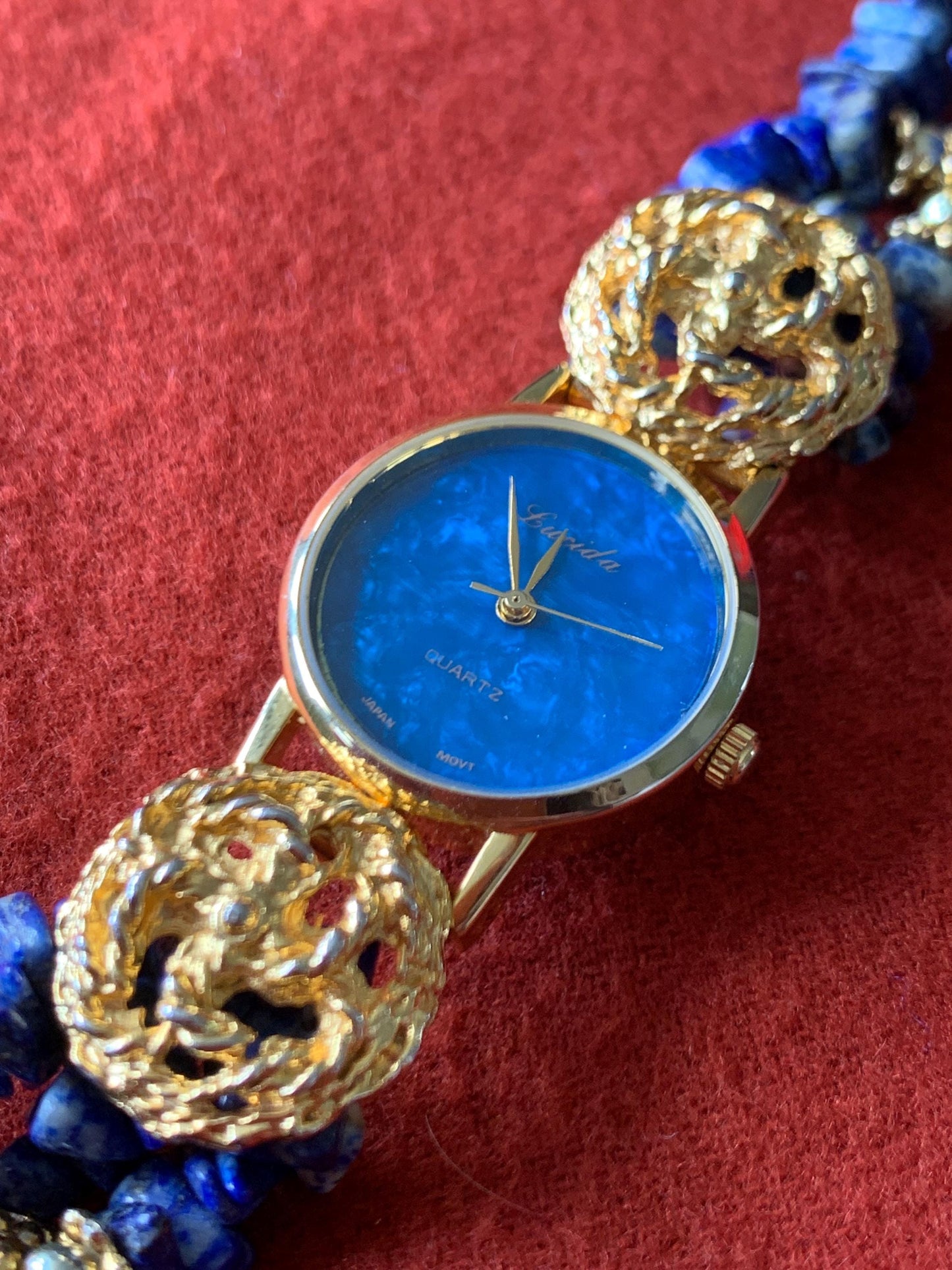 Ladies Cocktail Gemstone Bracelet Watch with Stone Dial. Lapis Lazuli Stone Bracelet with Lucida Stone Dial Watch, New Batt, 1990s Unique