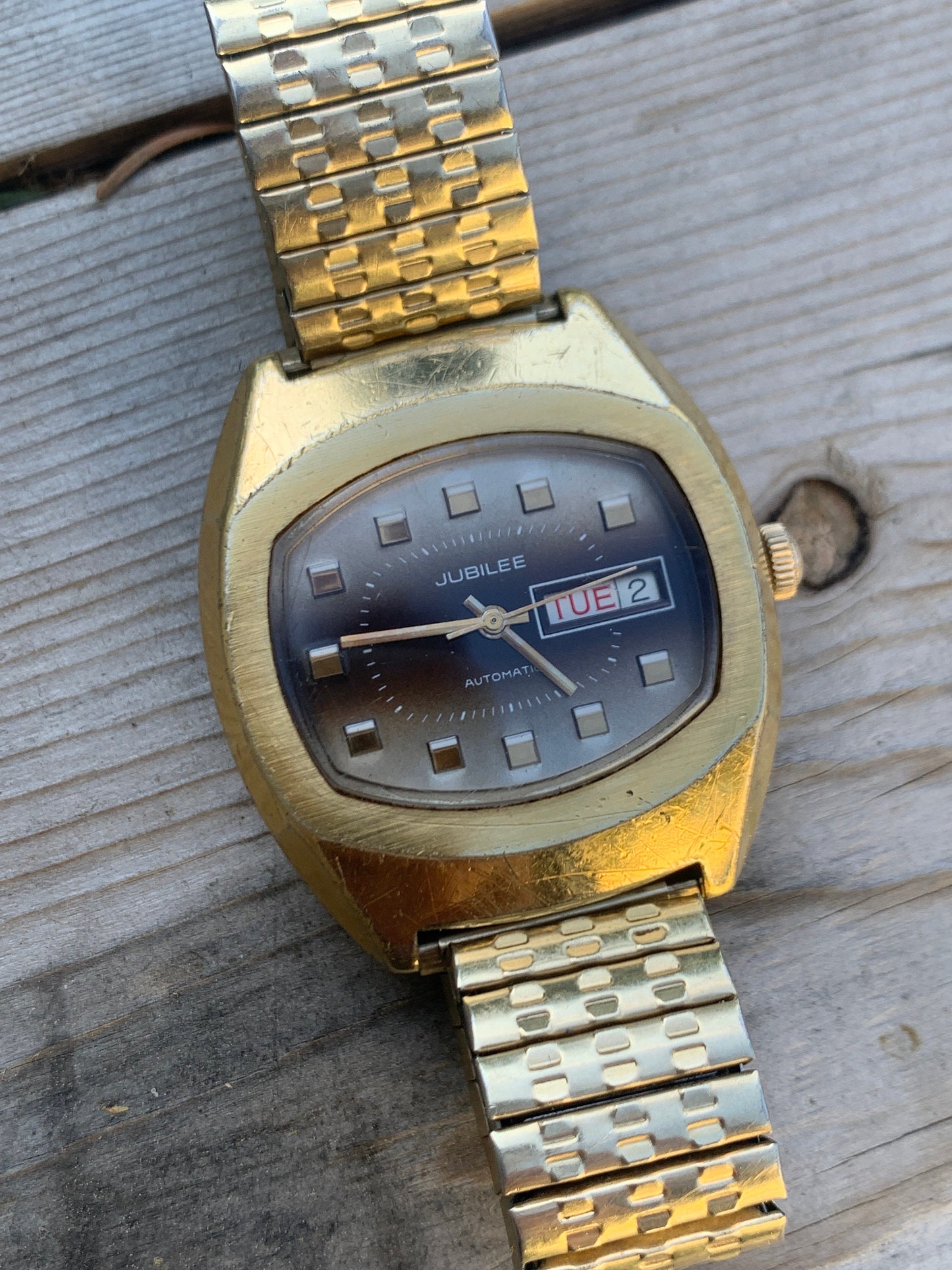 1970s Jublilee Automatic TV Style Watch with Day/Date. Fifty years of loving wear showing here and there. Great crystal, works, keeps time.