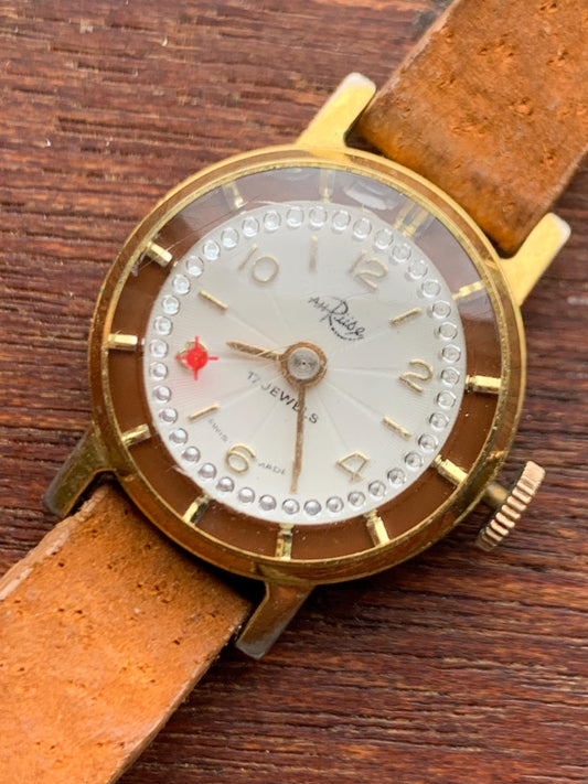 Vintage AH Ruse Ladies Novelty Cocktail Watch - 17 Jewels Swiss Movement Manual Winder, Runs Well. Sparkling Jewel Effects. NOS Leather Band