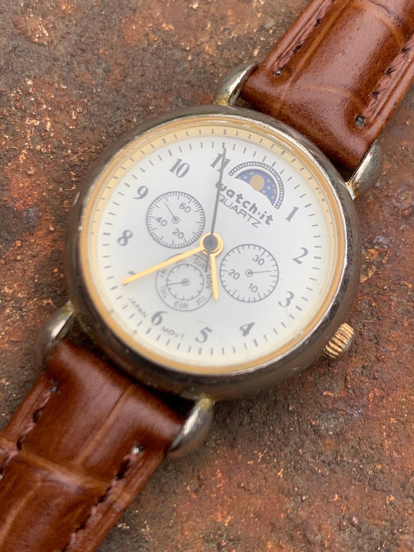 Many Many Moons Moon Phase Women's Quartz Watch - Watch-It Brand by Nelsonic. New battery. True Moon Month. Good but quite worn condition.