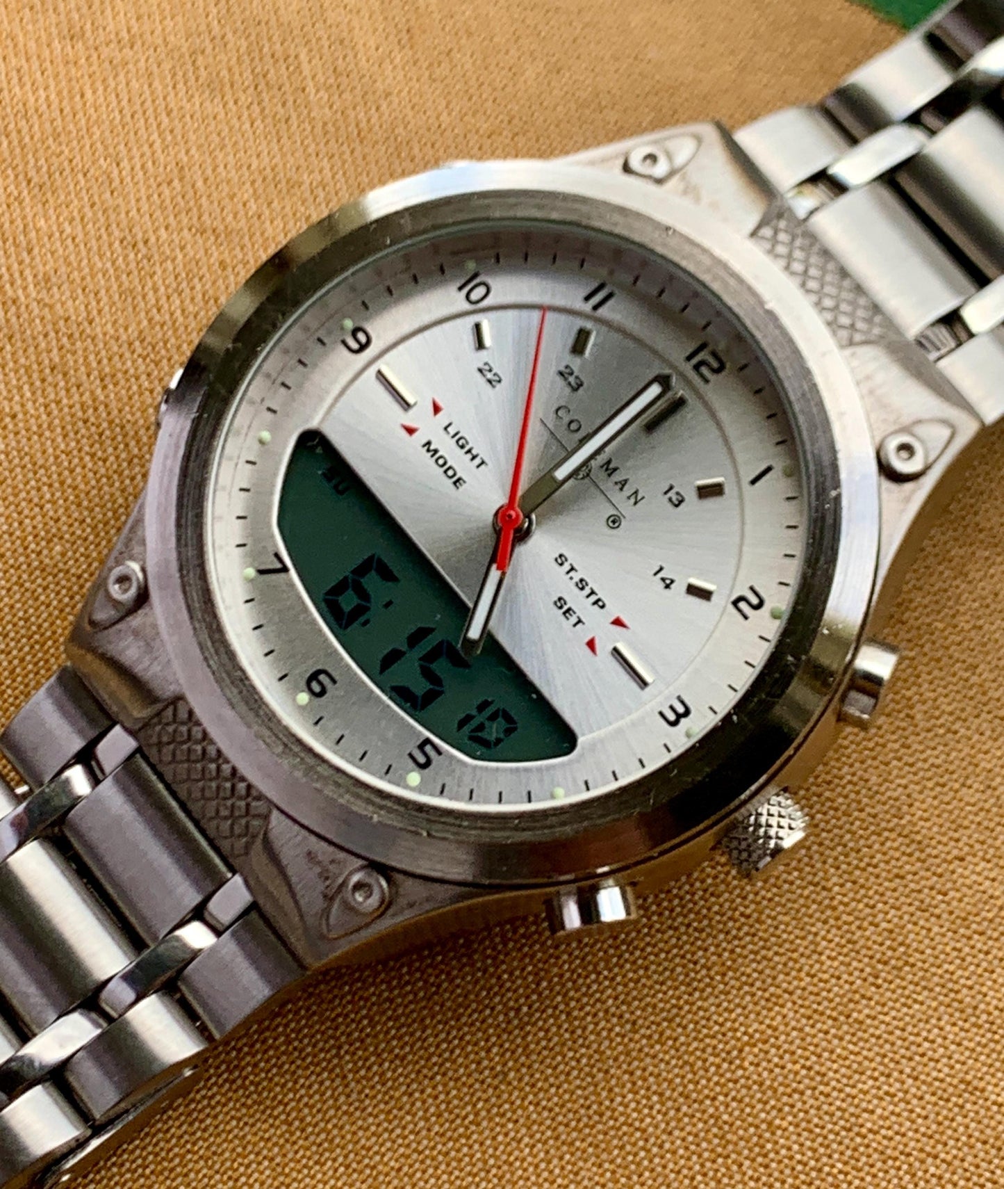 Let's Go Camping! Coleman Watch - Ani Digi, Retro, Heavy, 40mm, Thick, Red Sweep, Radiant Silver Dial, Works Well, Tested. New Battery.