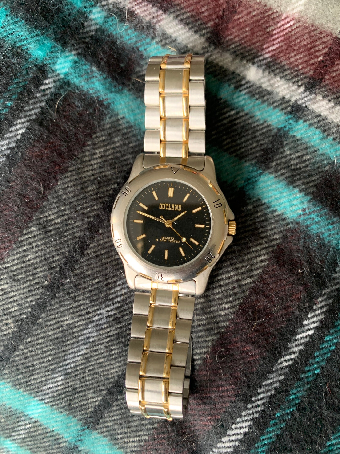 Outland Watch 1990s - Diver Style, Silver tone w/gold tone accents, Black Dial, Good Condition, Good Weight, Works Well. New Battery.