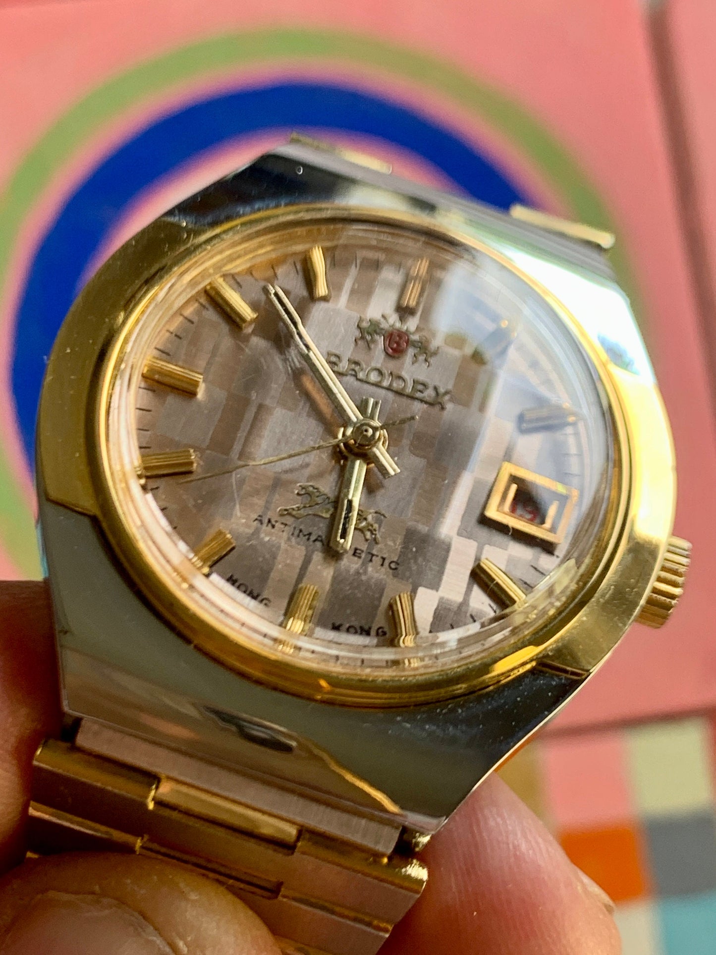 Bro-dex, not Rolex. Winder Watch. Checkerboard Dial, Faceted Glass, Duotone Bezel w/Matching Original Metal Band. Accurate, Clean, Unworn.