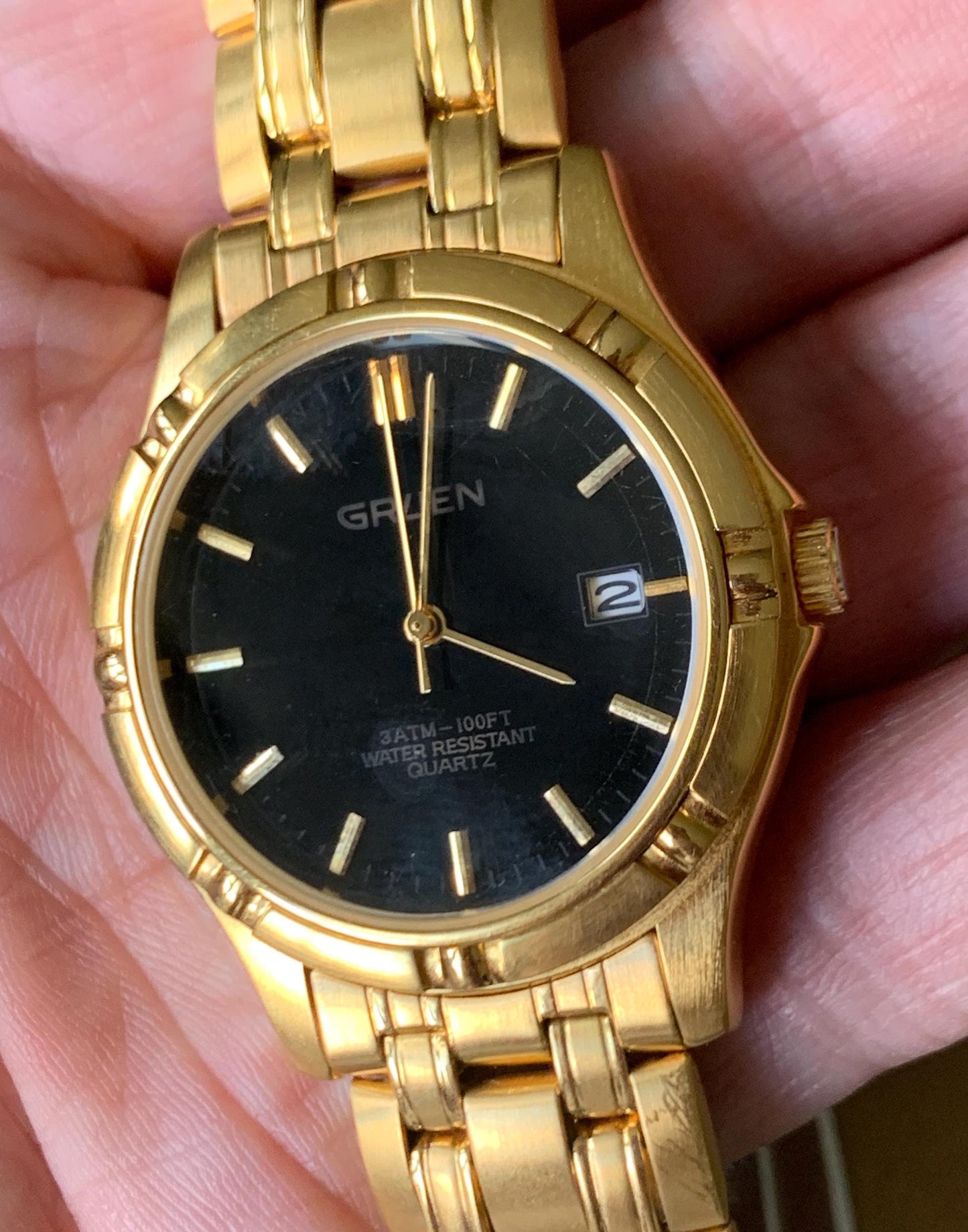 NOS 1990s Gruen Gold Tone Watch with Black Dial & Cufflinks