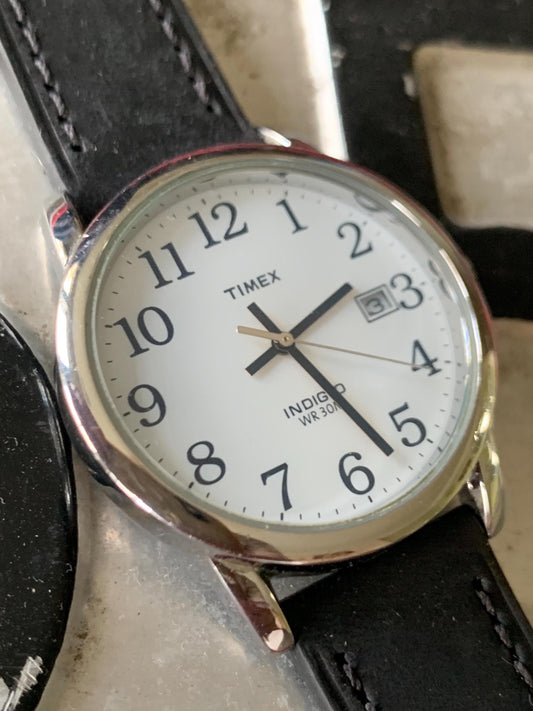 Classic Timex Black & White Quartz Watch. Early 2000s Indiglo with New Battery and New Quick-Release Classic Black Supple Leather Strap.