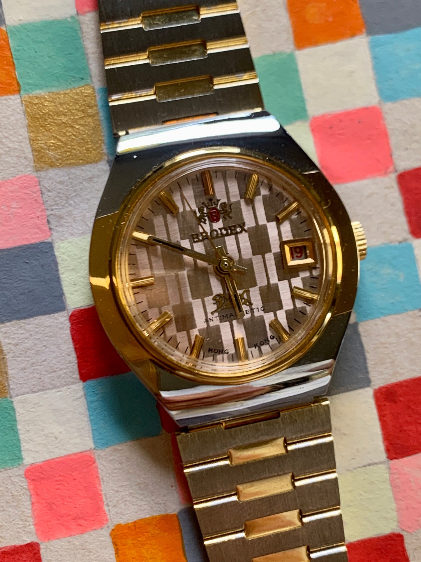 Bro-dex, not Rolex. Winder Watch. Checkerboard Dial, Faceted Glass, Duotone Bezel w/Matching Original Metal Band. Accurate, Clean, Unworn.