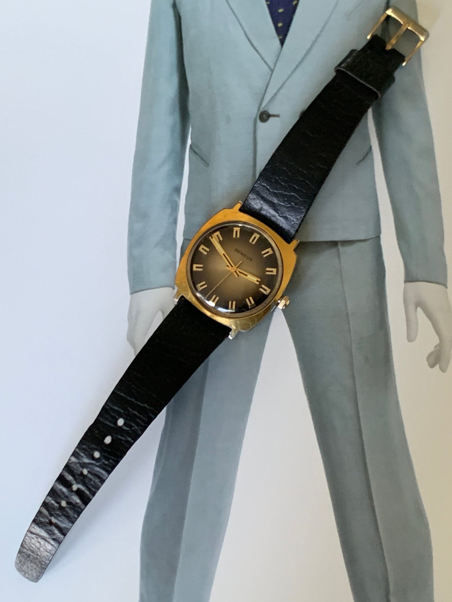 Stunning 1970's Style - Square Benrus Winder with Radiant Dial, Bold Unique Hands and Indices, Vintage Gently Worn Leather Strap. Bold.
