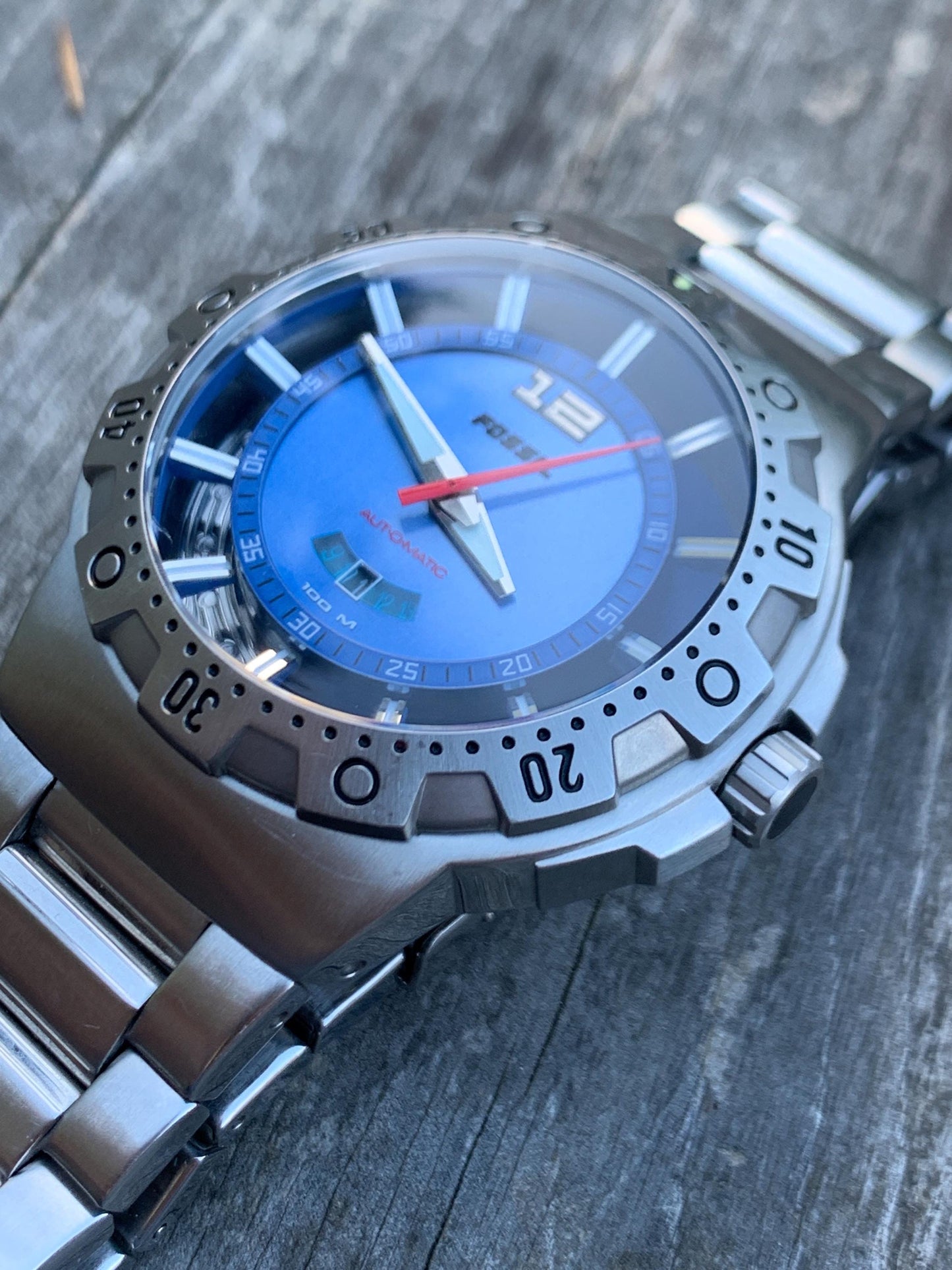 Fossil Blue Automatic 'Poseidon' Watch AM-4028 - Blue Dial, Diver Style w/ Rotating Bezel, Excellent Cond, 42mm.