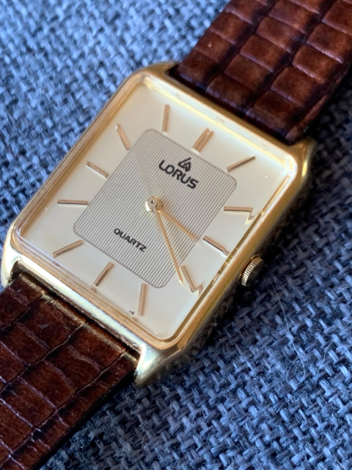 Lorus by Seiko Quartz Tank Watch - Gold Tone, with vintage brown leather Band, New Battery, Accurate, Mid-1980s. Neo Vintage Slim Tank Watch