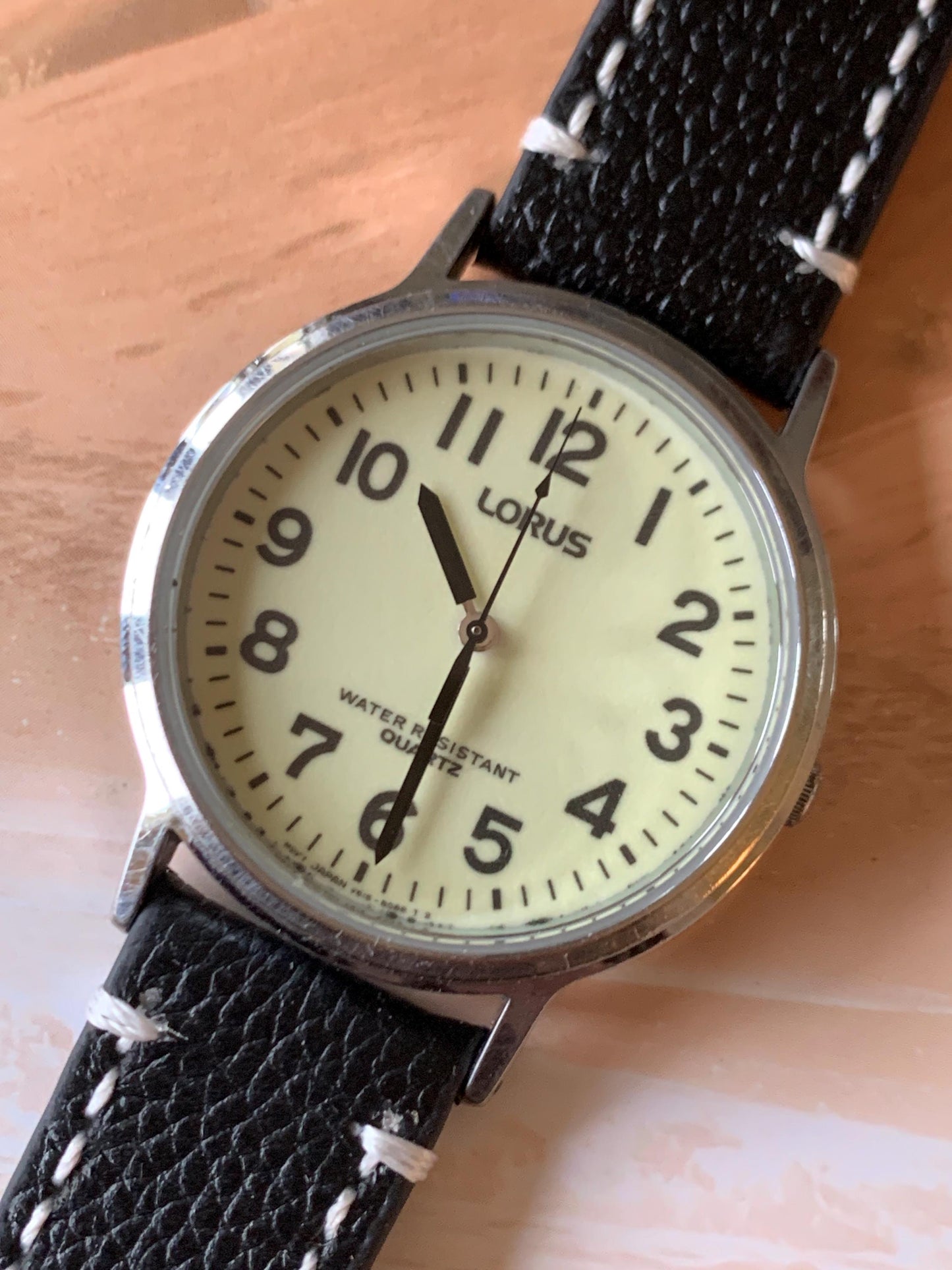 Glow in the Dark Lorus by Seiko Quartz Watch - Silver Tone, Glow in Dark Dial with new black leather Band, New Battery, 1990s, 35mm