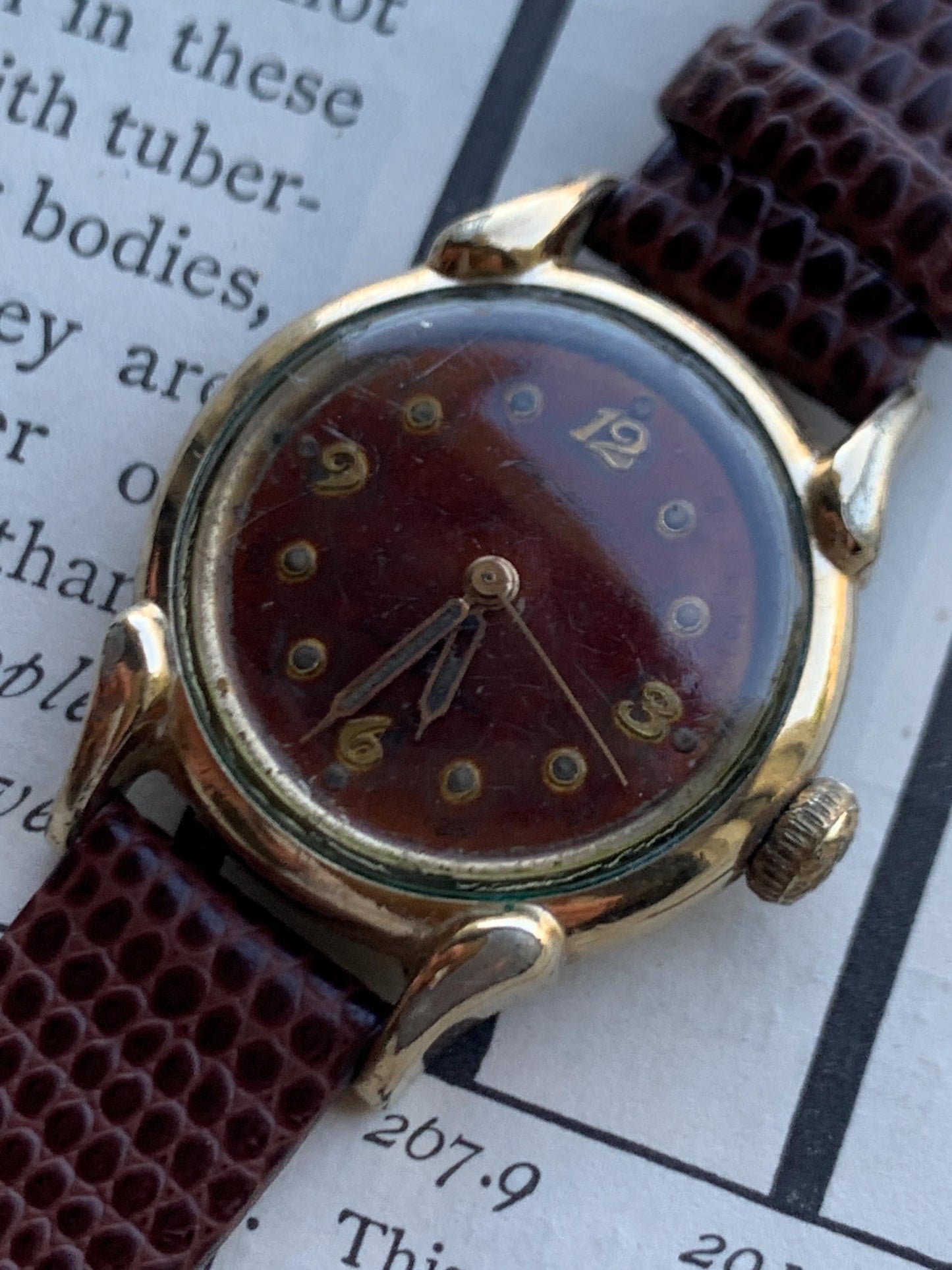 Tropical Dial Vintage 1940s Benrus Ladies Watch - 17 Jewels Swiss Movement 10k RGP Bezel, Fancy Lugs. Mechanical Winder, Runs Well. 26mm.