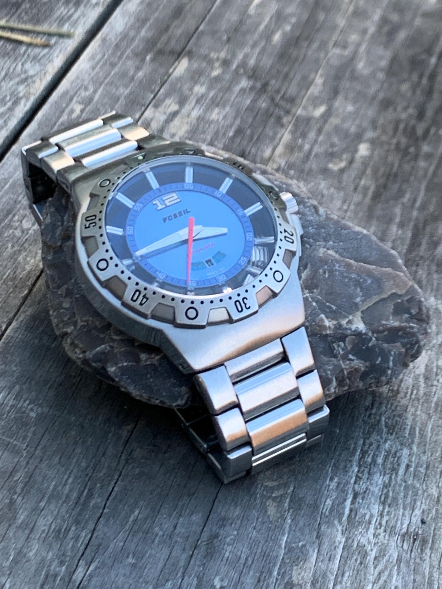 Fossil Blue Automatic 'Poseidon' Watch AM-4028 - Blue Dial, Diver Style w/ Rotating Bezel, Excellent Cond, 42mm.