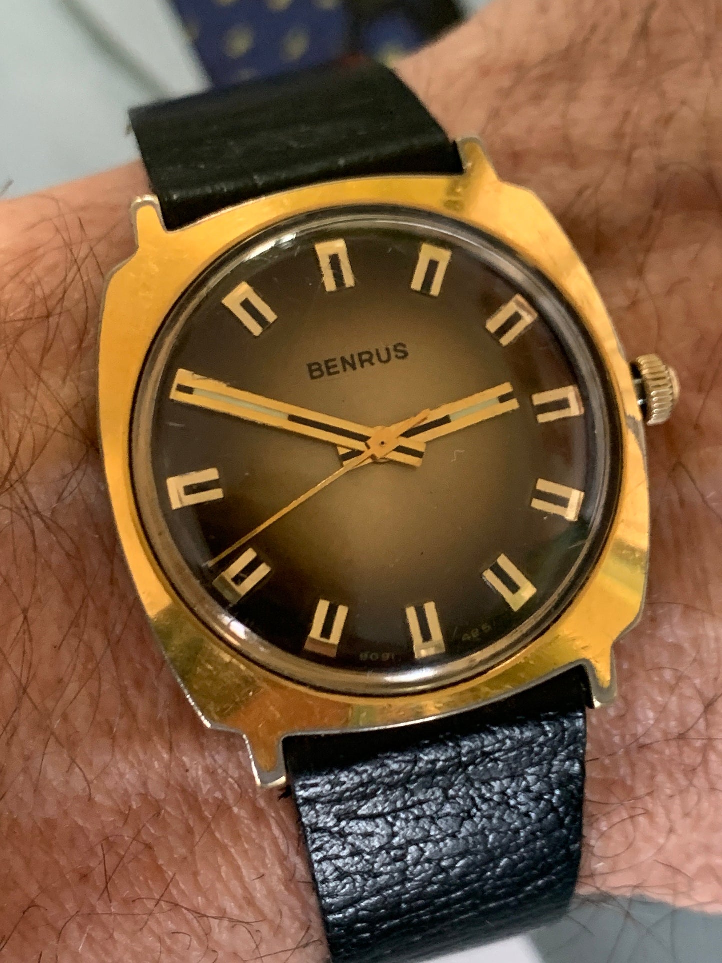 Stunning 1970's Style - Square Benrus Winder with Radiant Dial, Bold Unique Hands and Indices, Vintage Gently Worn Leather Strap. Bold.
