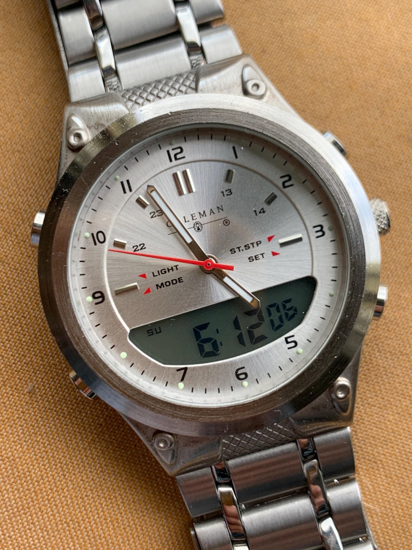 Let's Go Camping! Coleman Watch - Ani Digi, Retro, Heavy, 40mm, Thick, Red Sweep, Radiant Silver Dial, Works Well, Tested. New Battery.